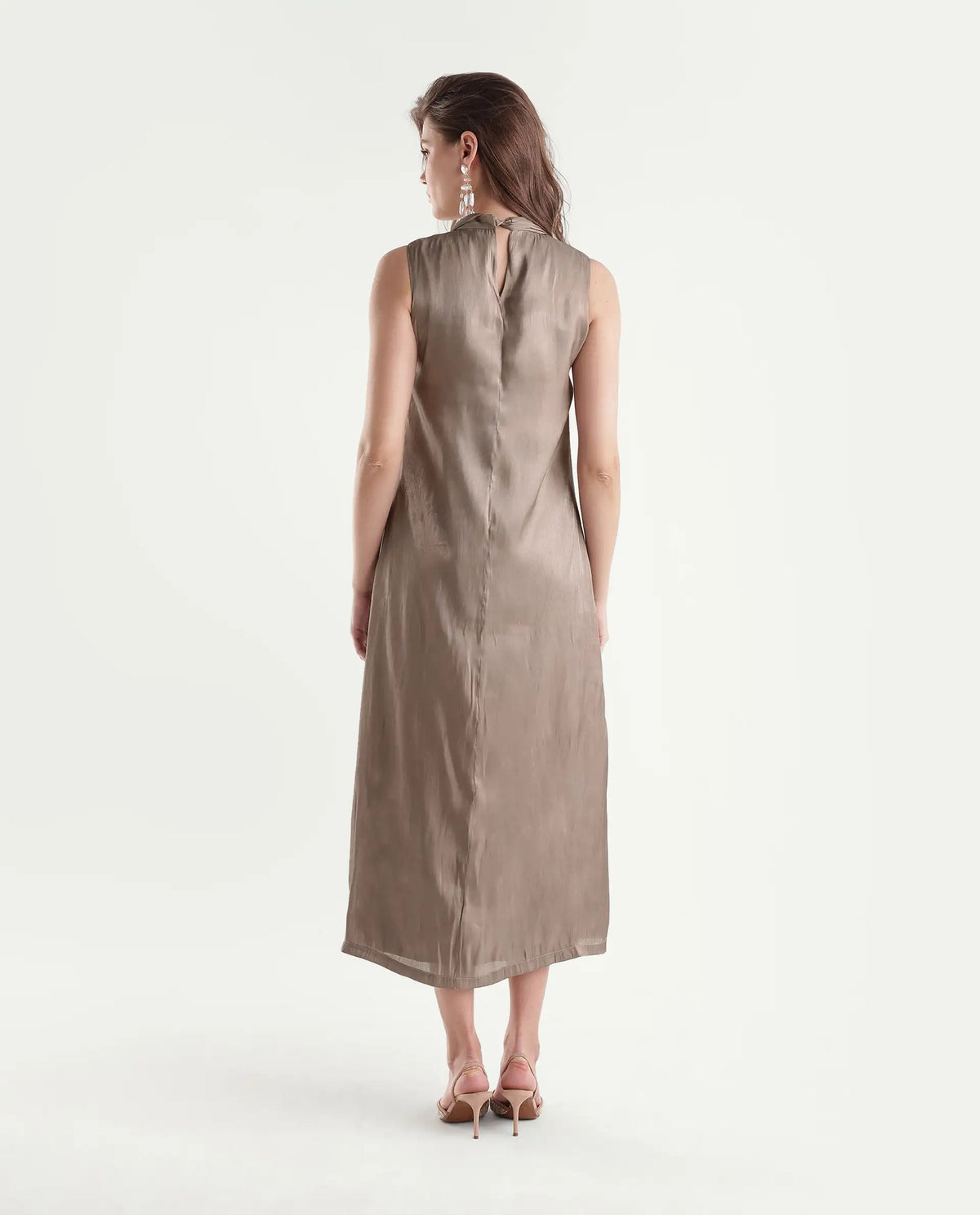 Rareism Women's Xalo Dusky Tan Polyester High Neck A-Line Plain Dress