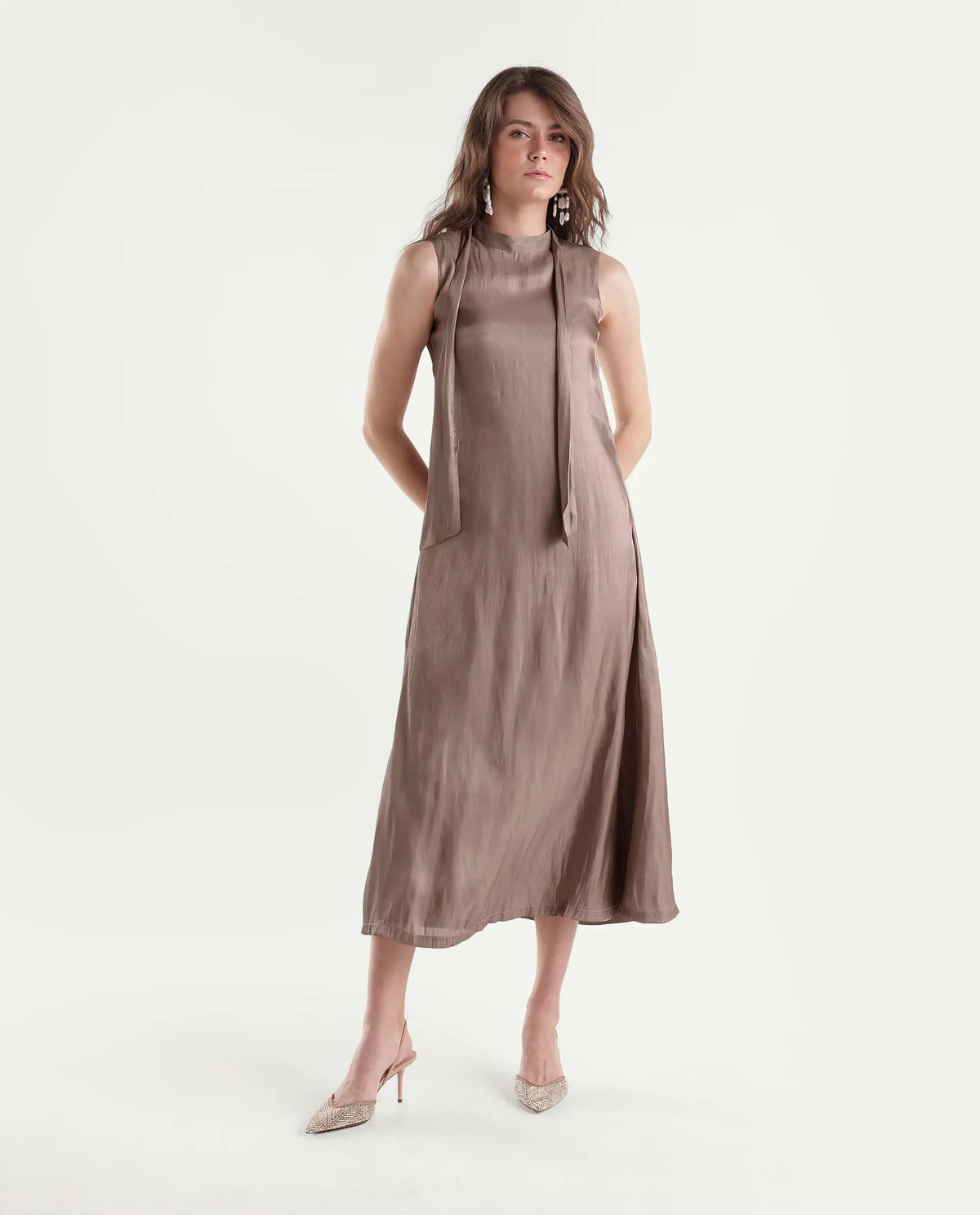 Rareism Women's Xalo Dusky Tan Polyester High Neck A-Line Plain Dress