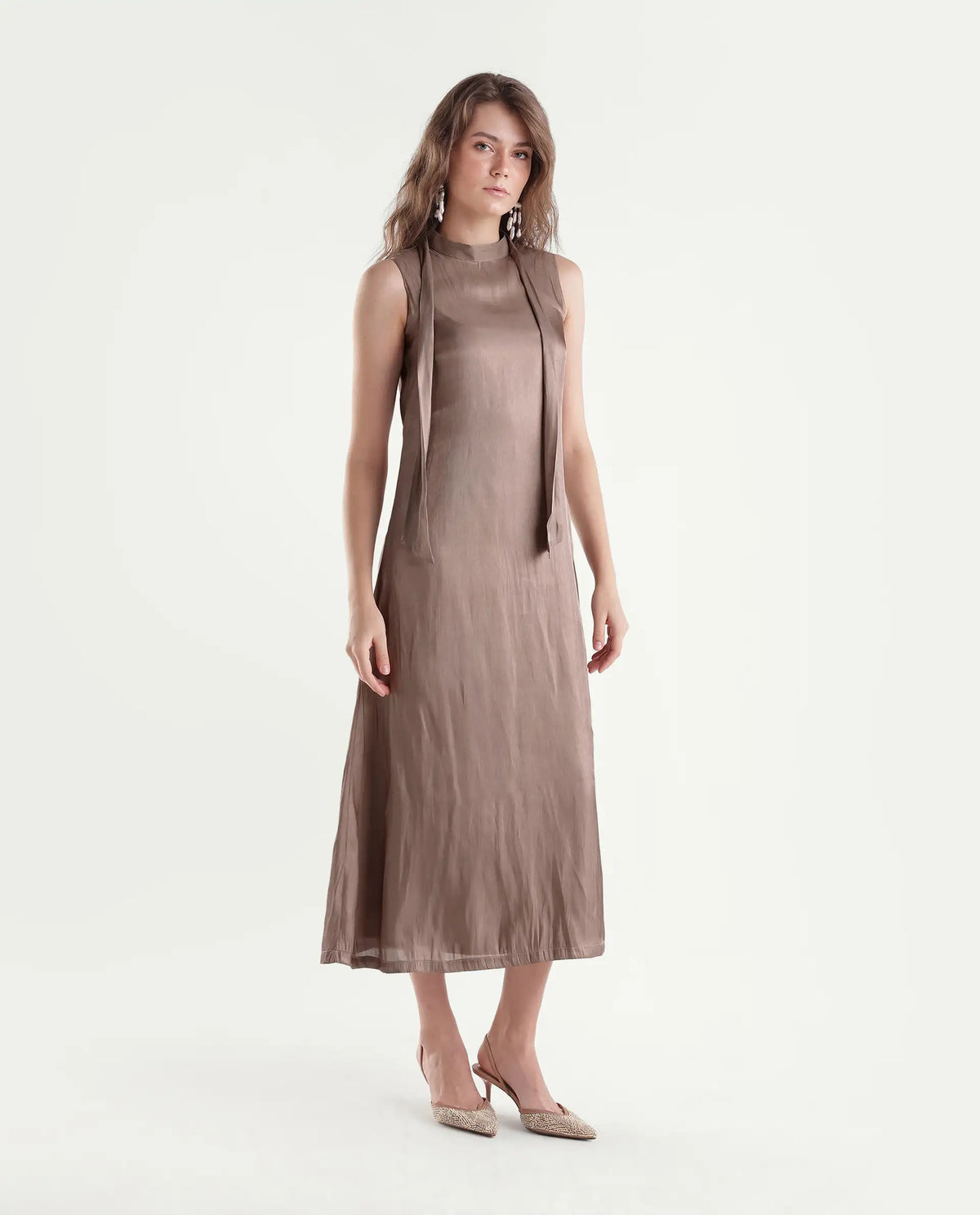 Rareism Women's Xalo Dusky Tan Polyester High Neck A-Line Plain Dress