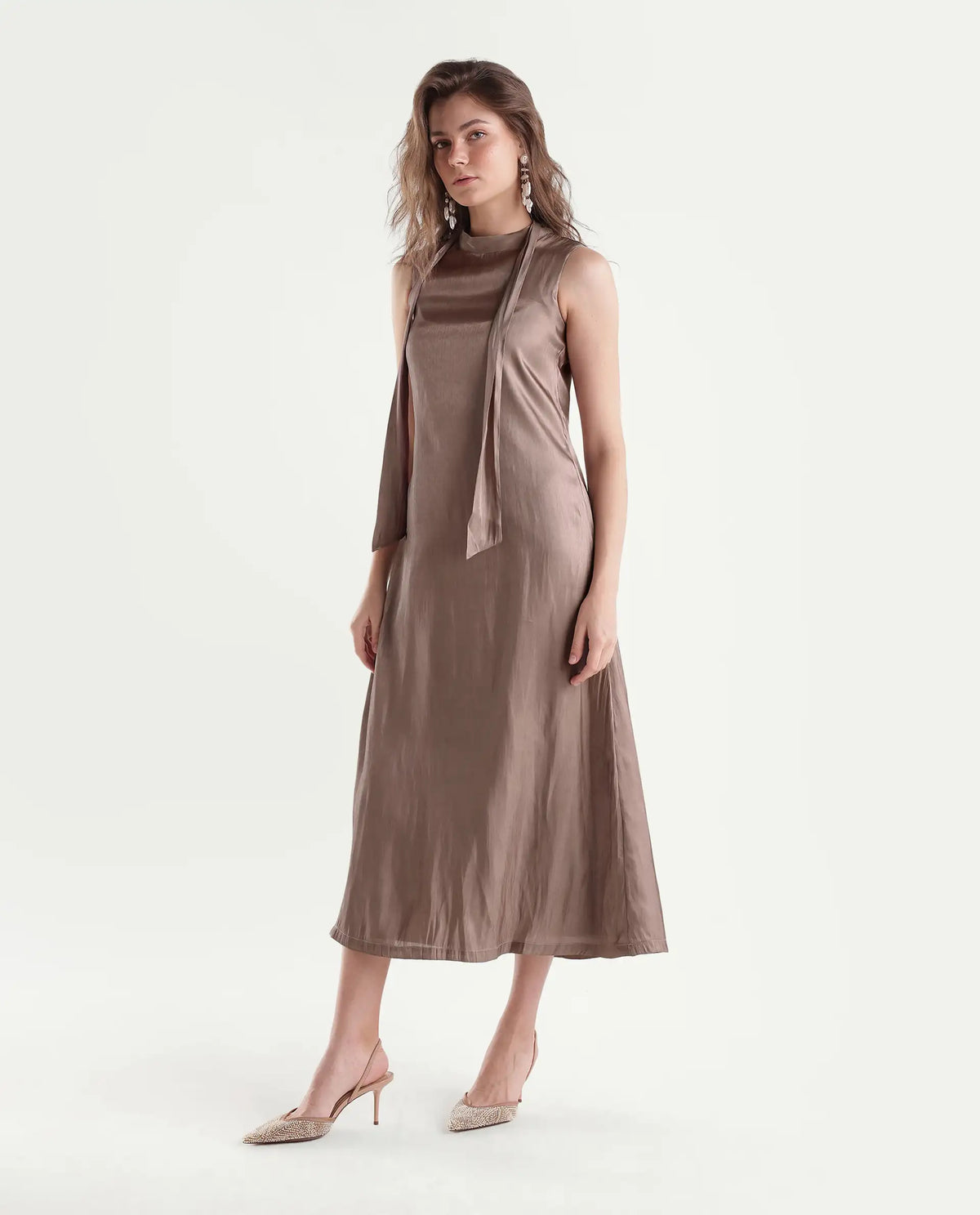 Rareism Women's Xalo Dusky Tan Polyester High Neck A-Line Plain Dress