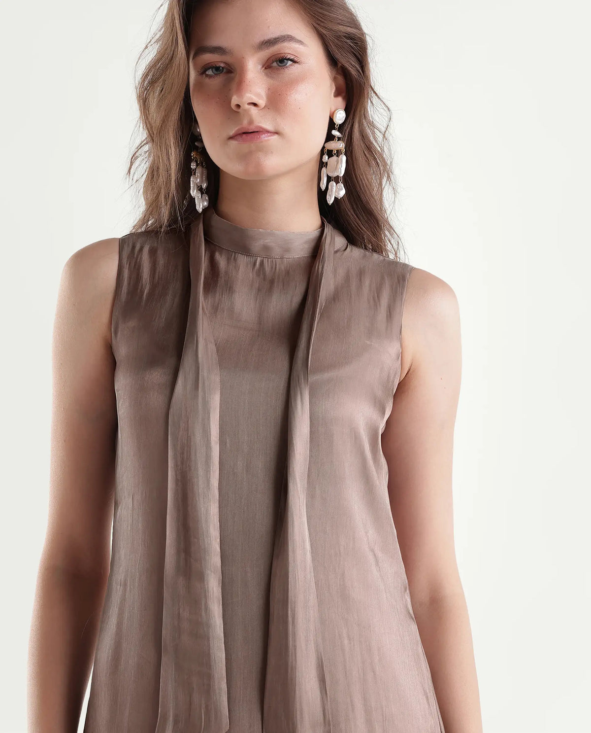 Rareism Women's Xalo Dusky Tan Polyester High Neck A-Line Plain Dress