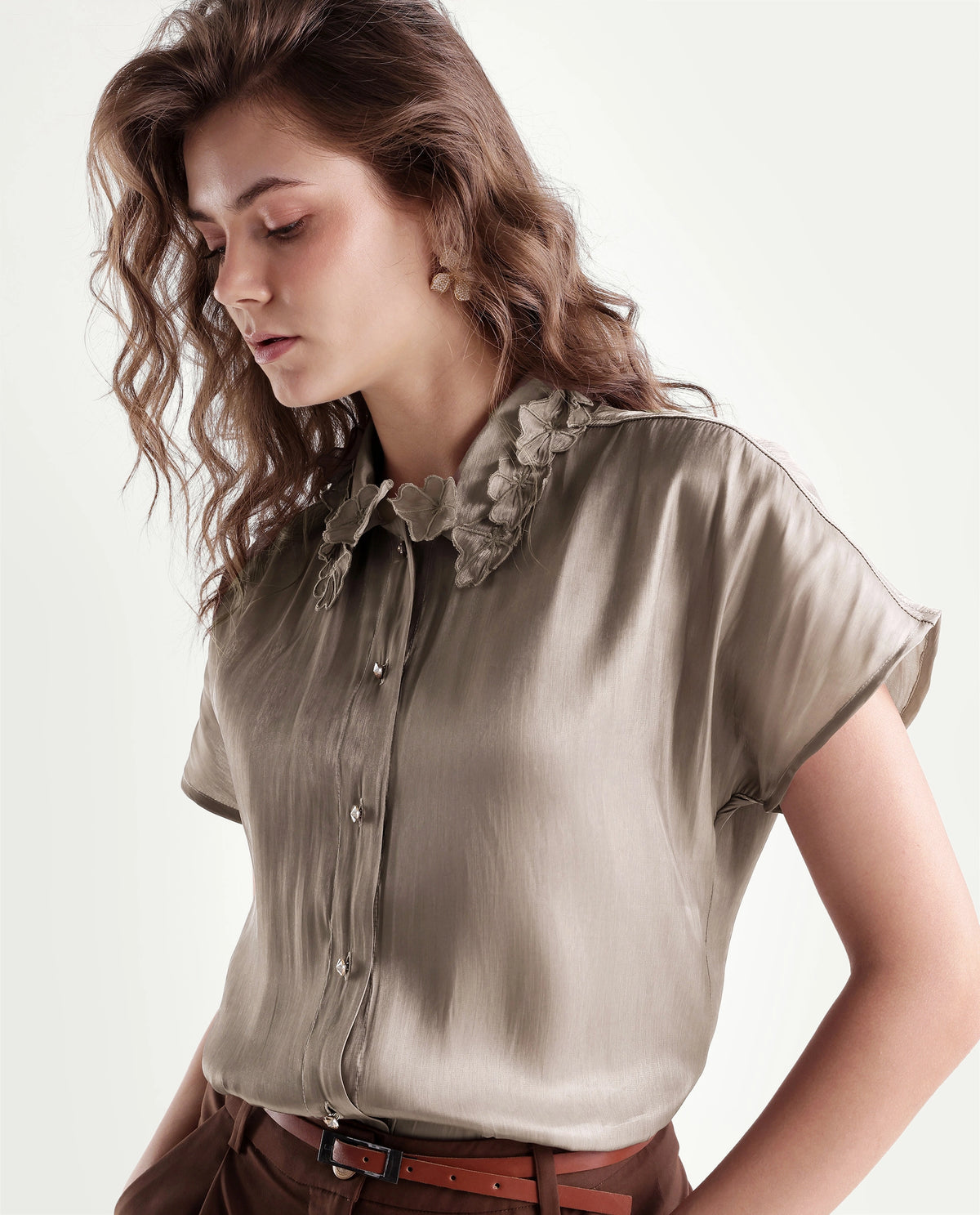 Rareism Women's Xolo Dusky Tan Polyester Spread Collar Regular Plain Top