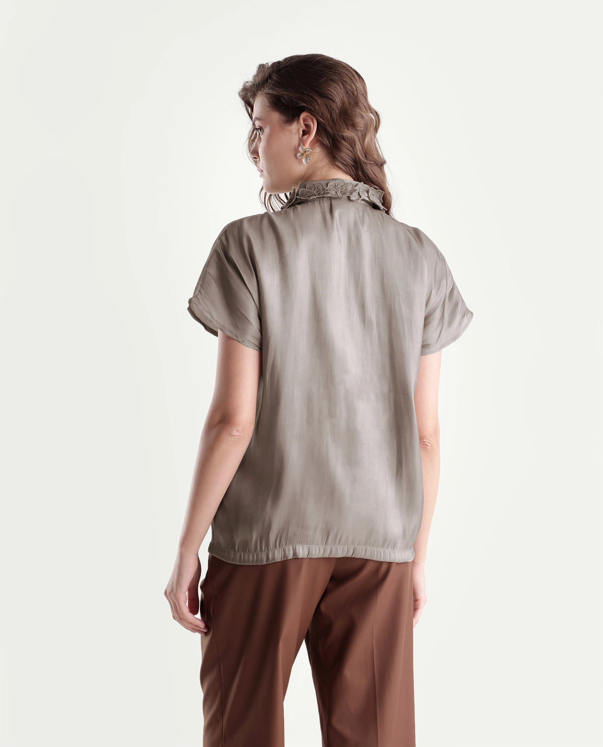 Rareism Women's Xolo Dusky Tan Polyester Spread Collar Regular Plain Top