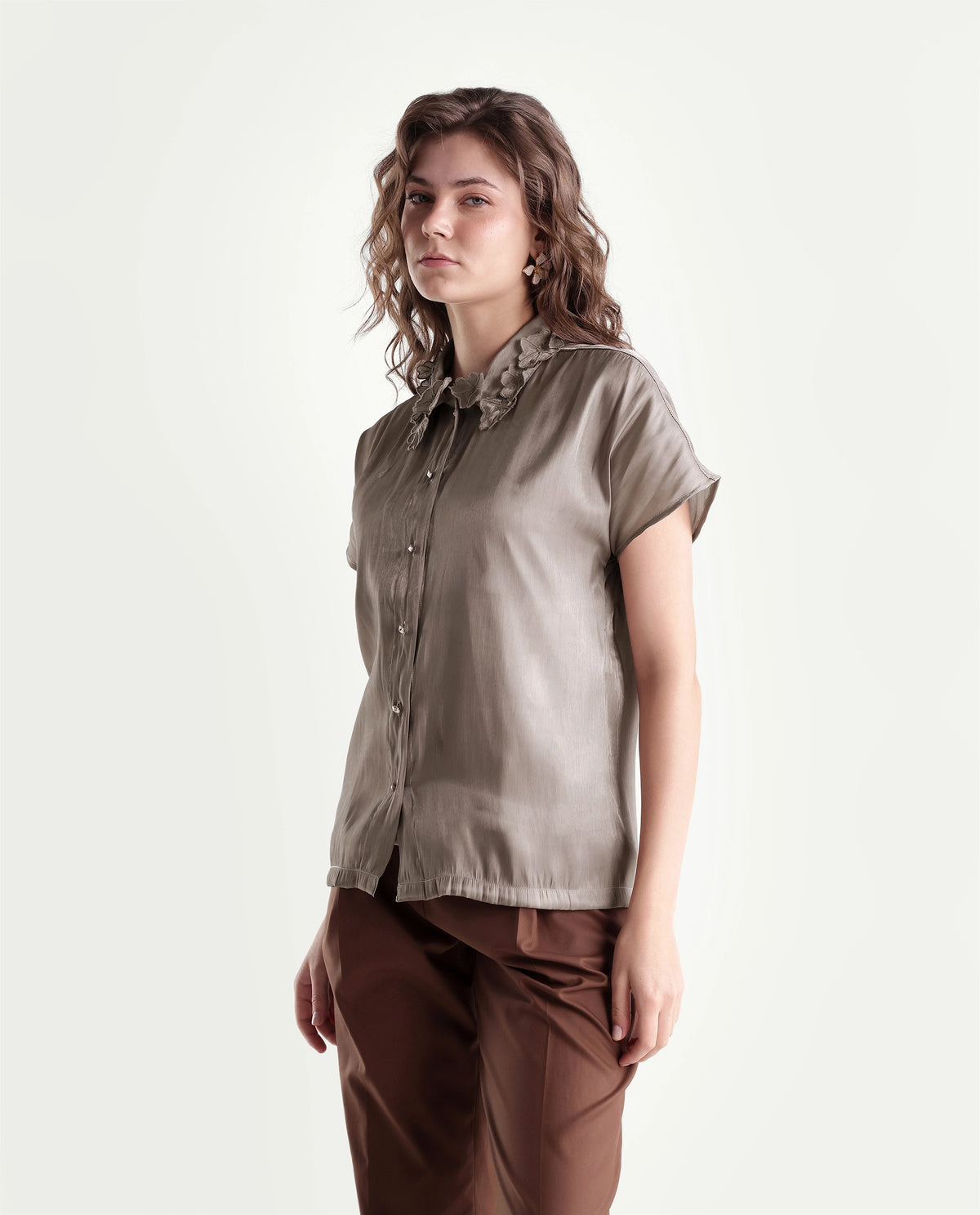 Rareism Women's Xolo Dusky Tan Polyester Spread Collar Regular Plain Top