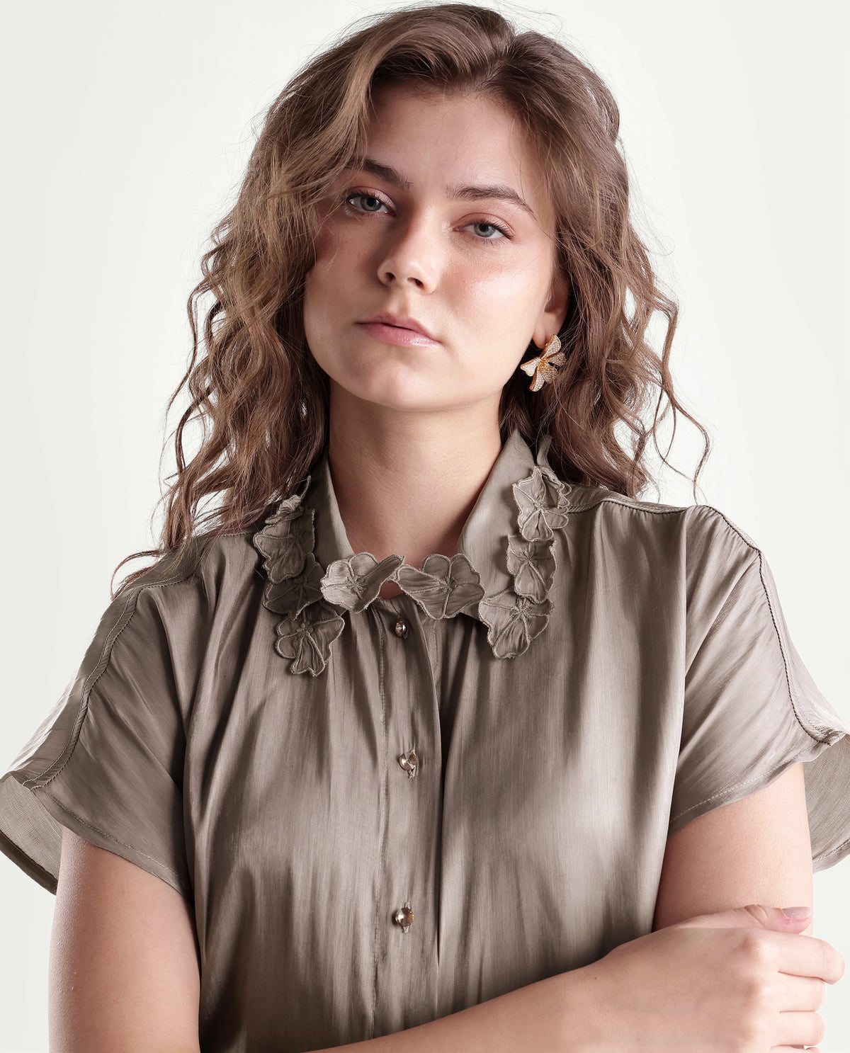 Rareism Women's Xolo Dusky Tan Polyester Spread Collar Regular Plain Top