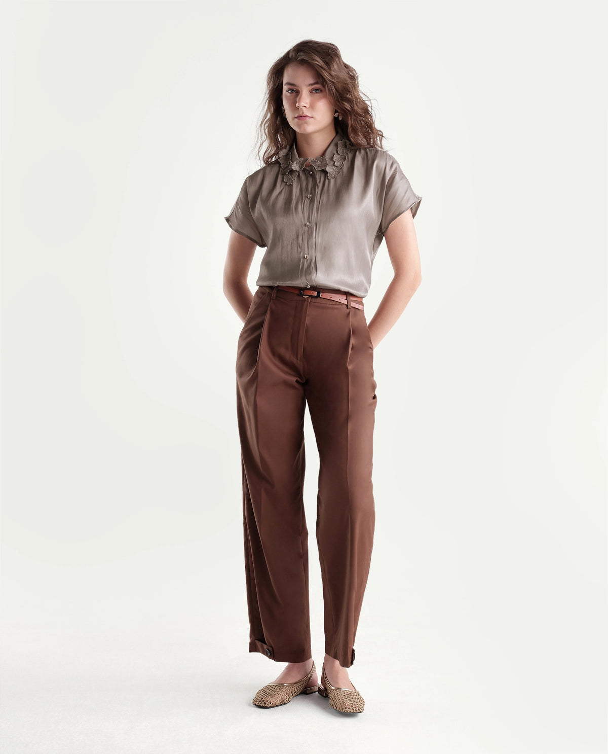 Rareism Women's Xolo Dusky Tan Polyester Spread Collar Regular Plain Top