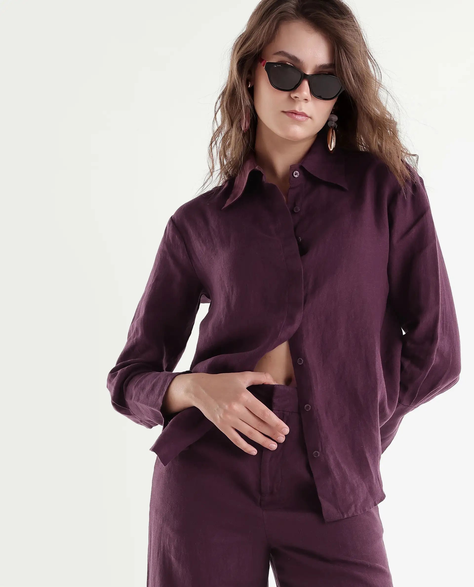 Rareism Women's Rubo Dusky Maroon 100% Linen Spread Collar Relaxed Plain Shirt