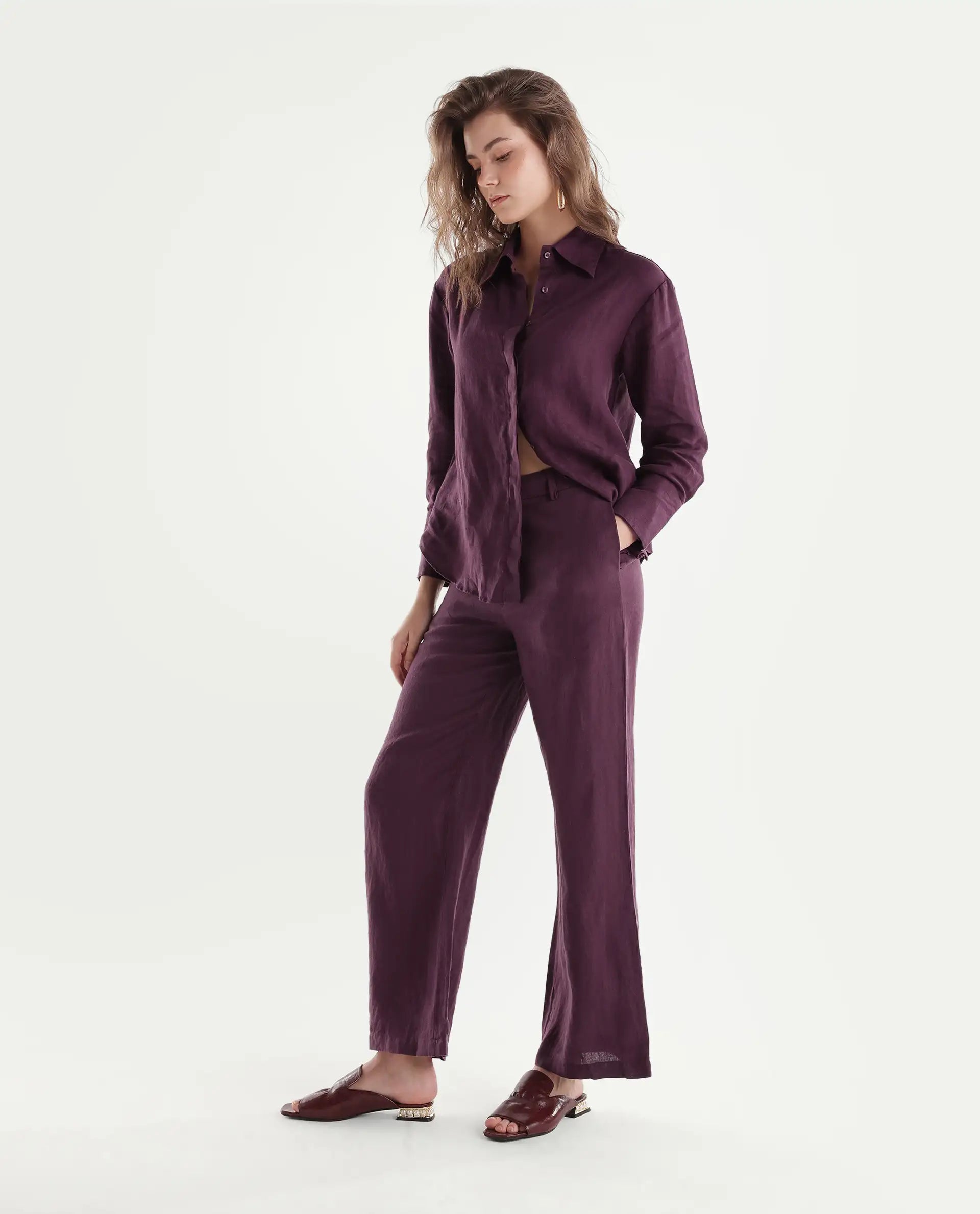 Rareism Women's Rubon-B Dusky Maroon 100% Linen Wide Leg Plain Trouser