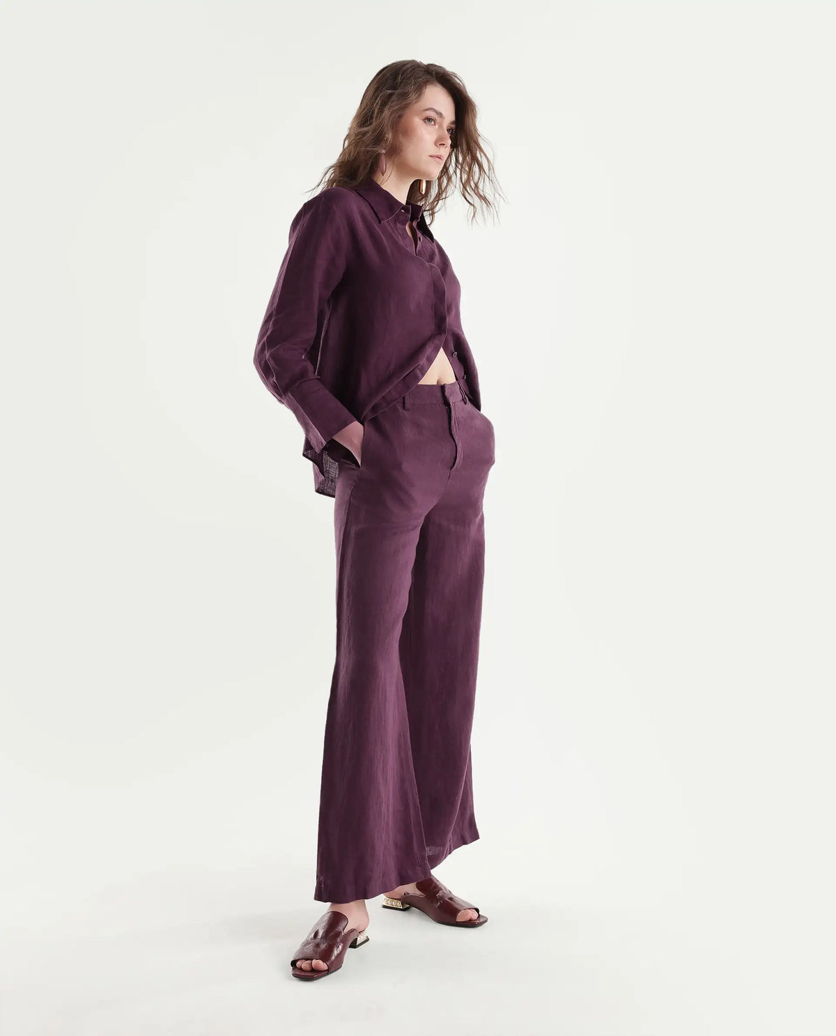 Rareism Women's Rubon-B Dusky Maroon 100% Linen Wide Leg Plain Trouser