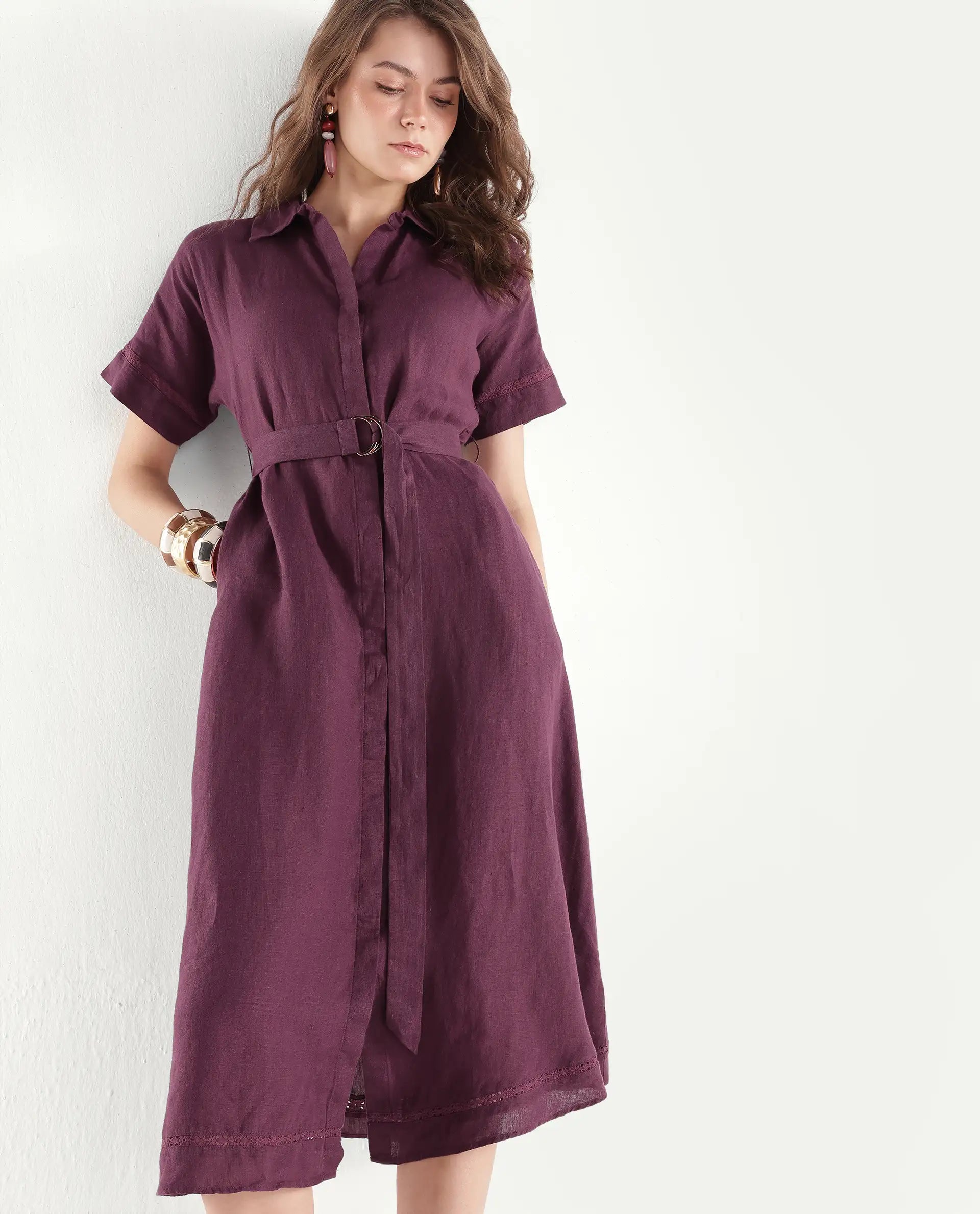 Rareism Women's Rubot Dusky Maroon 100% Linen Spread Collar Fit And Flare Plain Dress