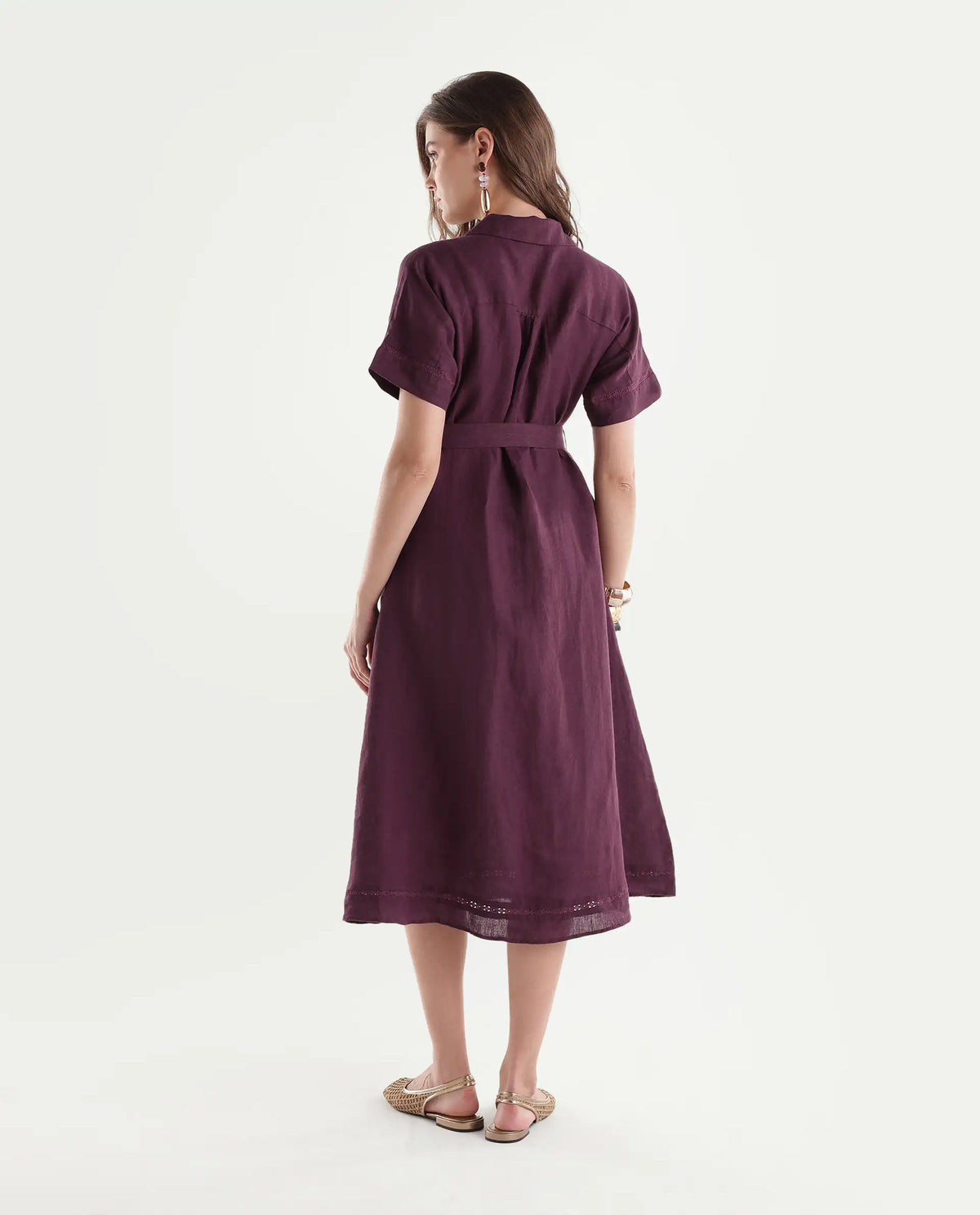 Rareism Women's Rubot Dusky Maroon 100% Linen Spread Collar Fit And Flare Plain Dress