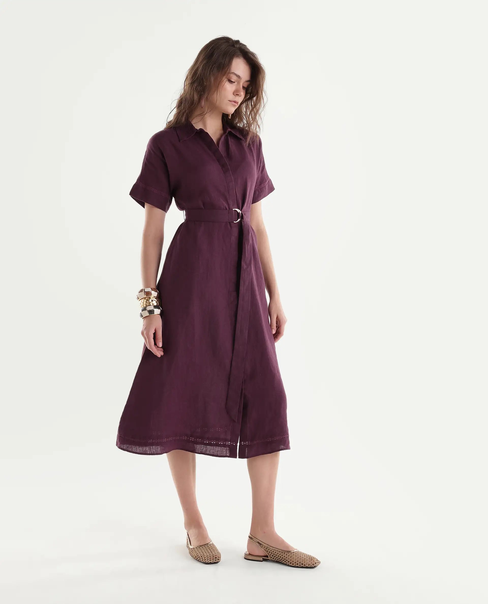 Rareism Women's Rubot Dusky Maroon 100% Linen Spread Collar Fit And Flare Plain Dress