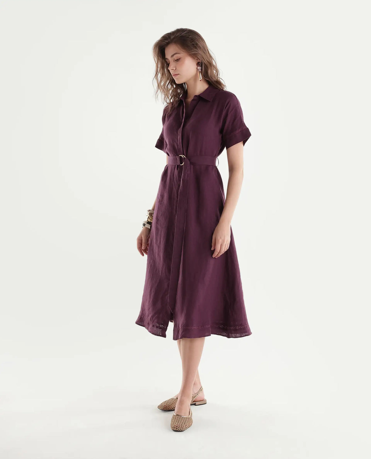 Rareism Women's Rubot Dusky Maroon 100% Linen Spread Collar Fit And Flare Plain Dress