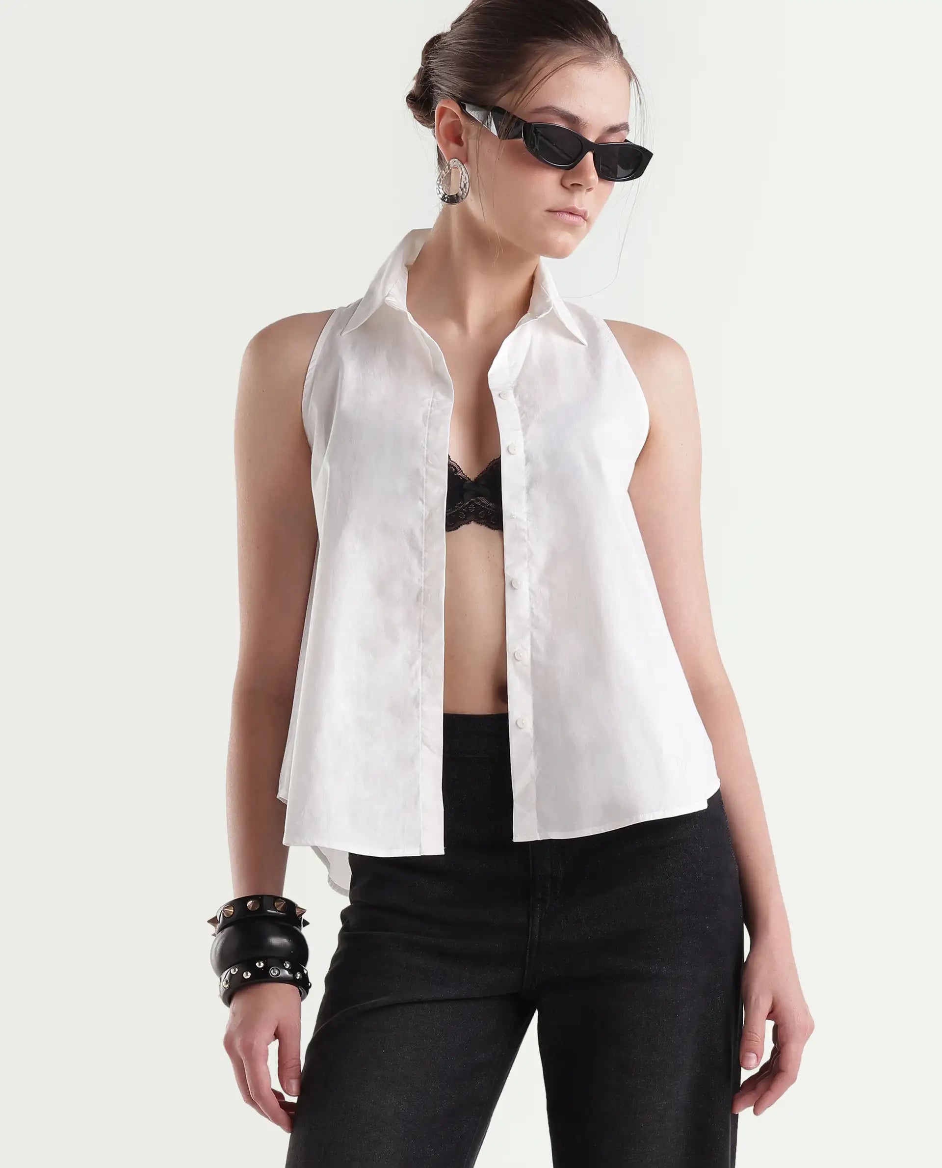 Rareism Women's Thebe Light White Cotton Spread Collar Regular Plain Shirt