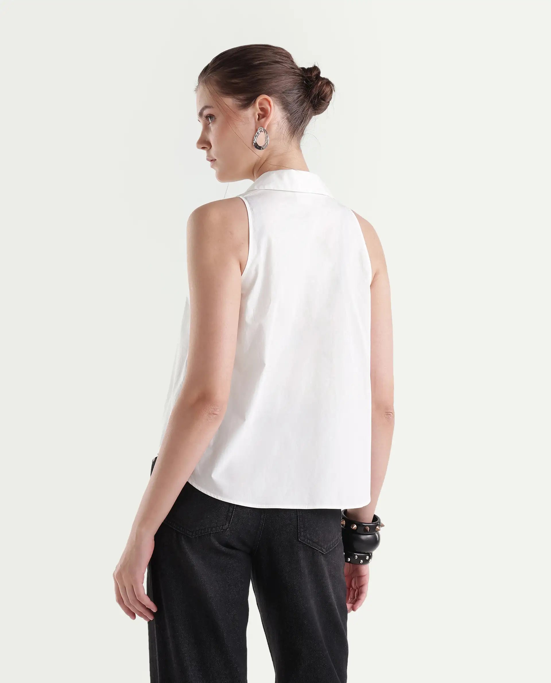 Rareism Women's Thebe Light White Cotton Spread Collar Regular Plain Shirt