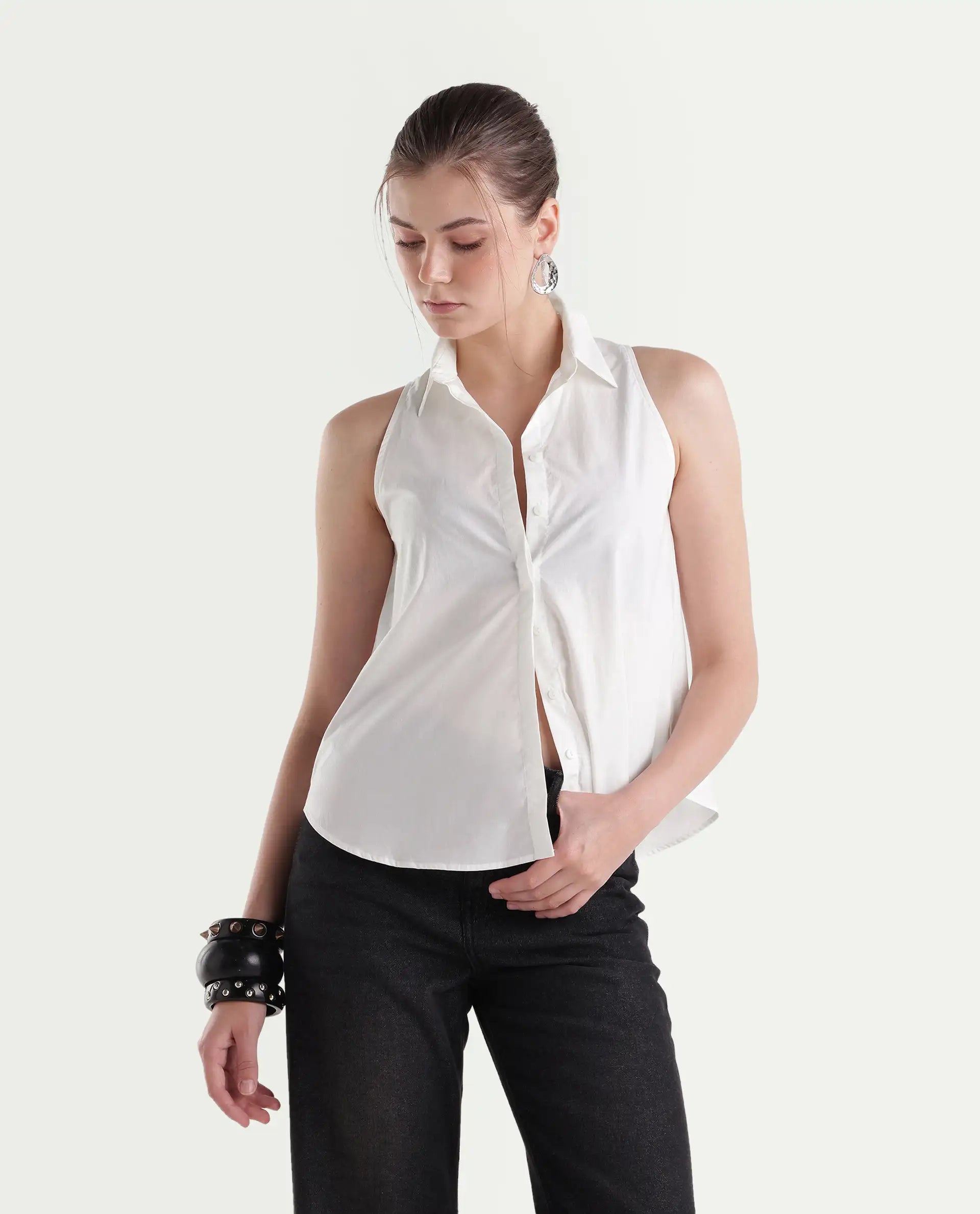 Rareism Women's Thebe Light White Cotton Spread Collar Regular Plain Shirt