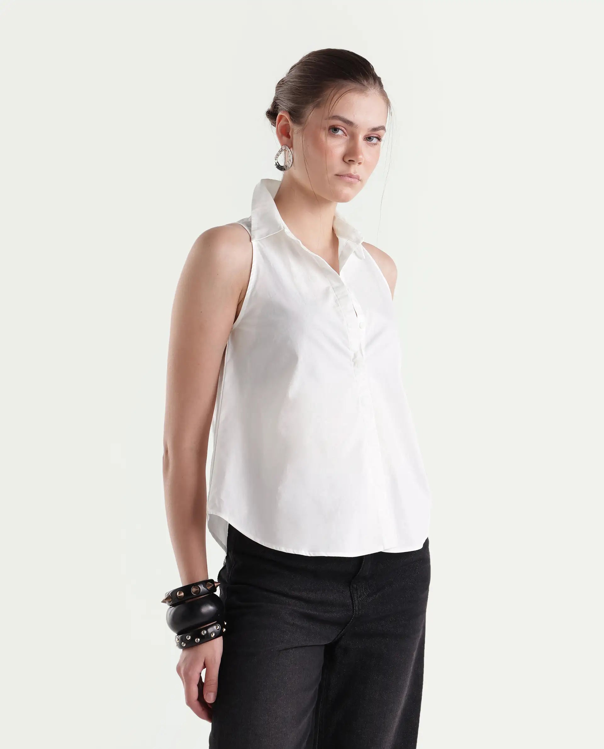 Rareism Women's Thebe Light White Cotton Spread Collar Regular Plain Shirt