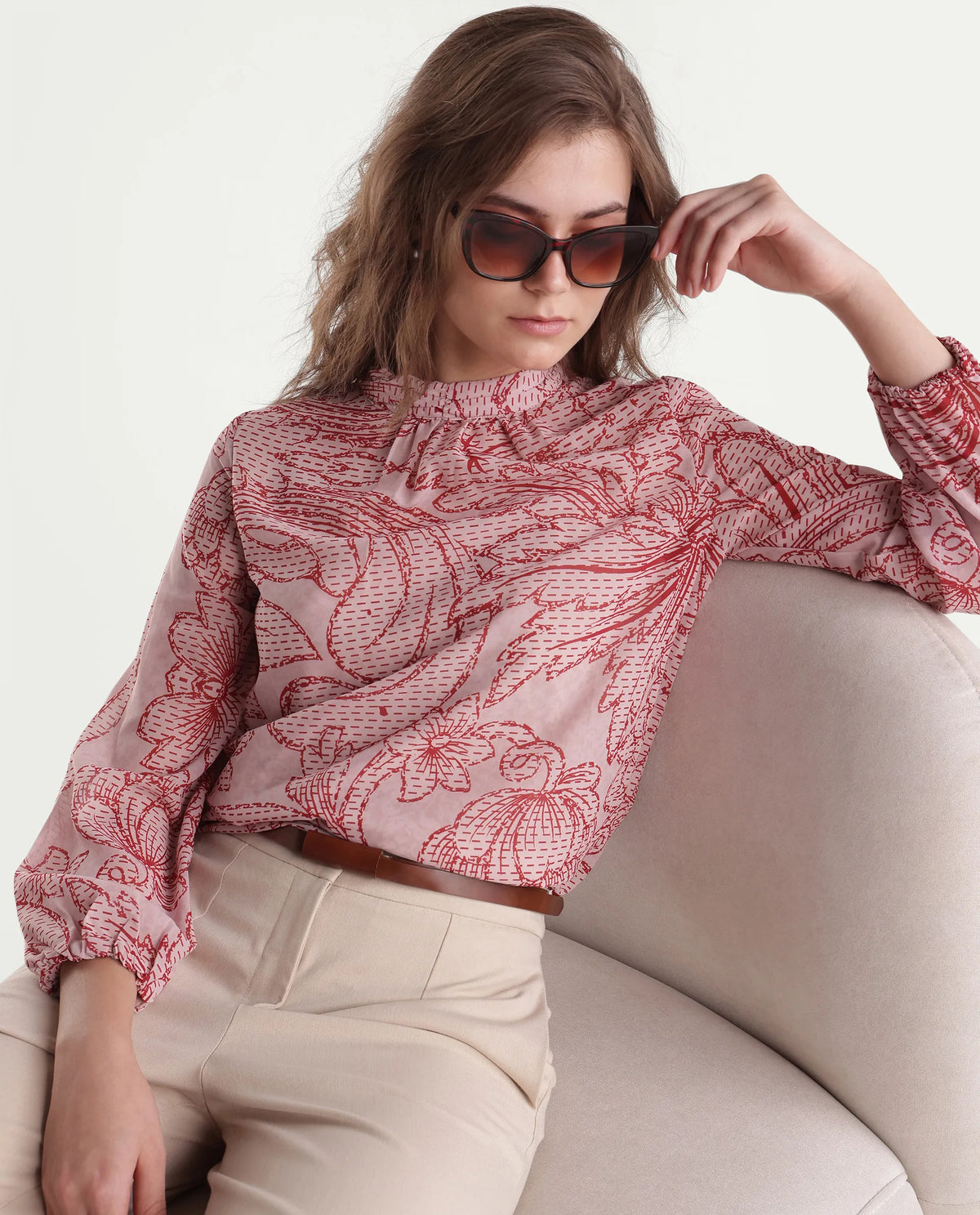 Rareism Women's Massy Multi Polyester High Neck Regular Floral Print Top