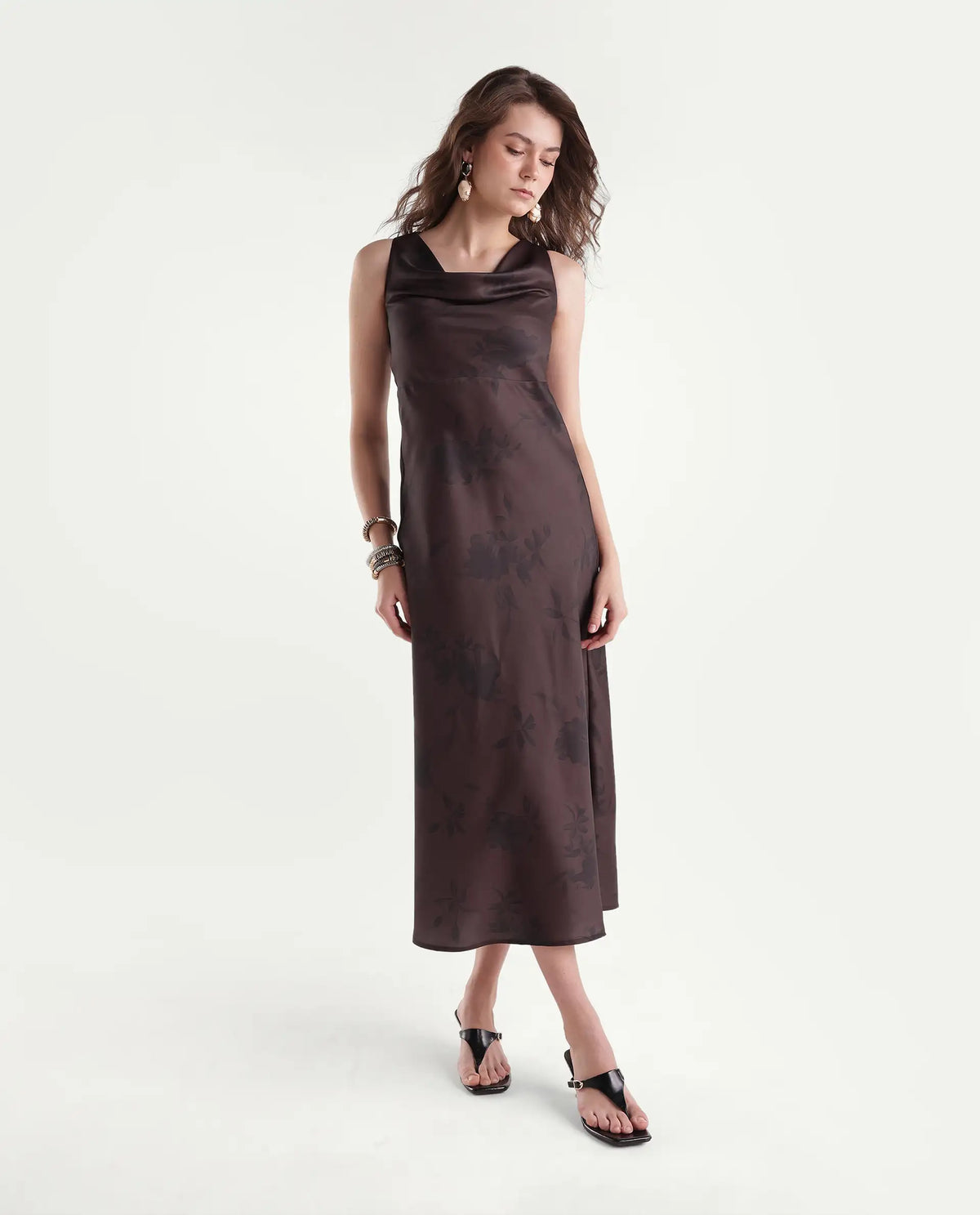 Rareism Women's Xenket Brown Polyester Cowl Neck Regular Floral Print Dress