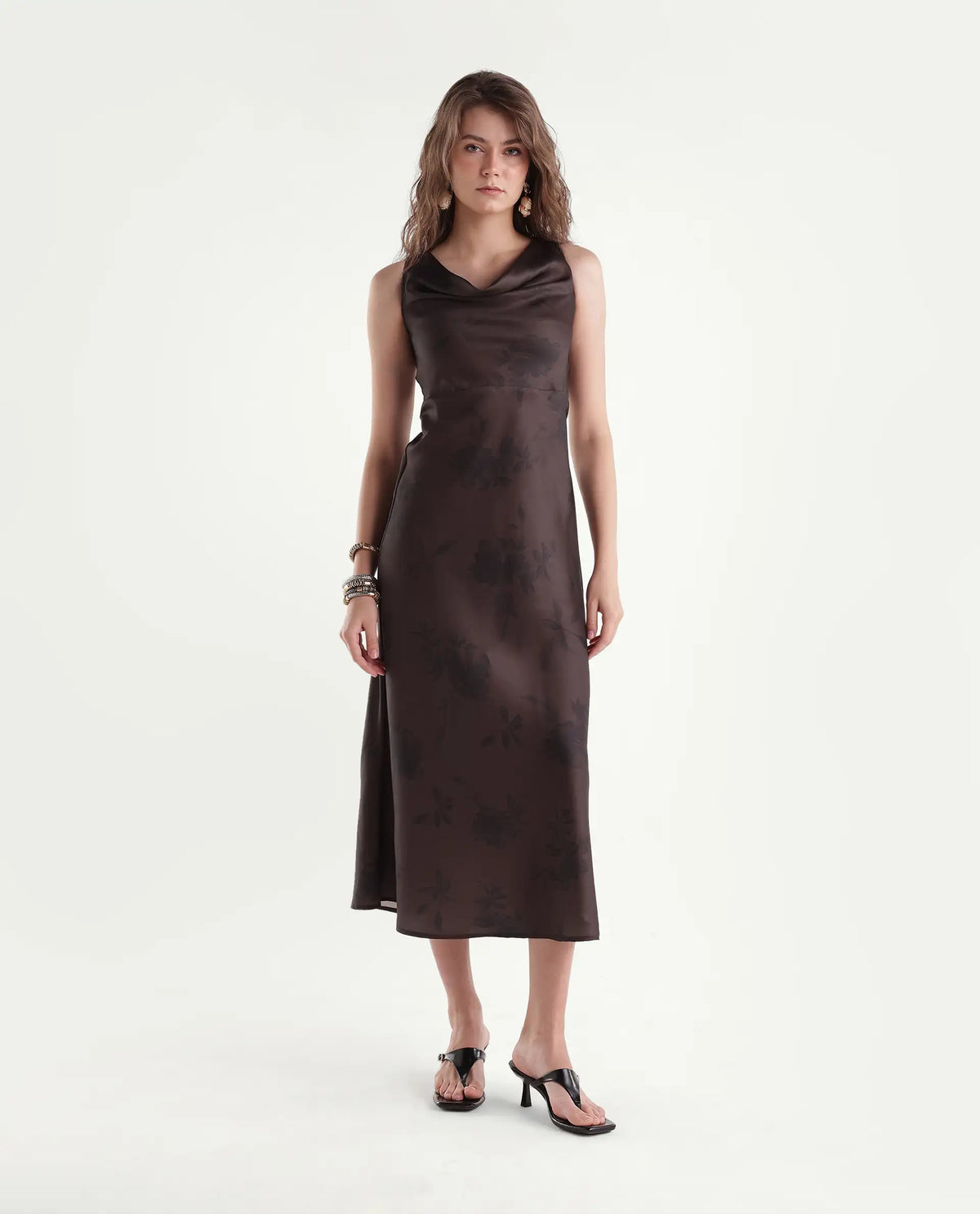 Rareism Women's Xenket Brown Polyester Cowl Neck Regular Floral Print Dress