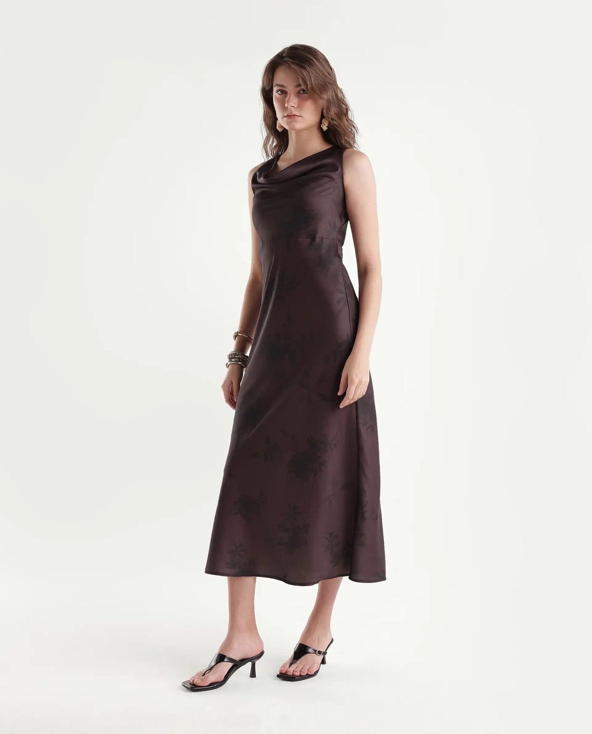 Rareism Women's Xenket Brown Polyester Cowl Neck Regular Floral Print Dress