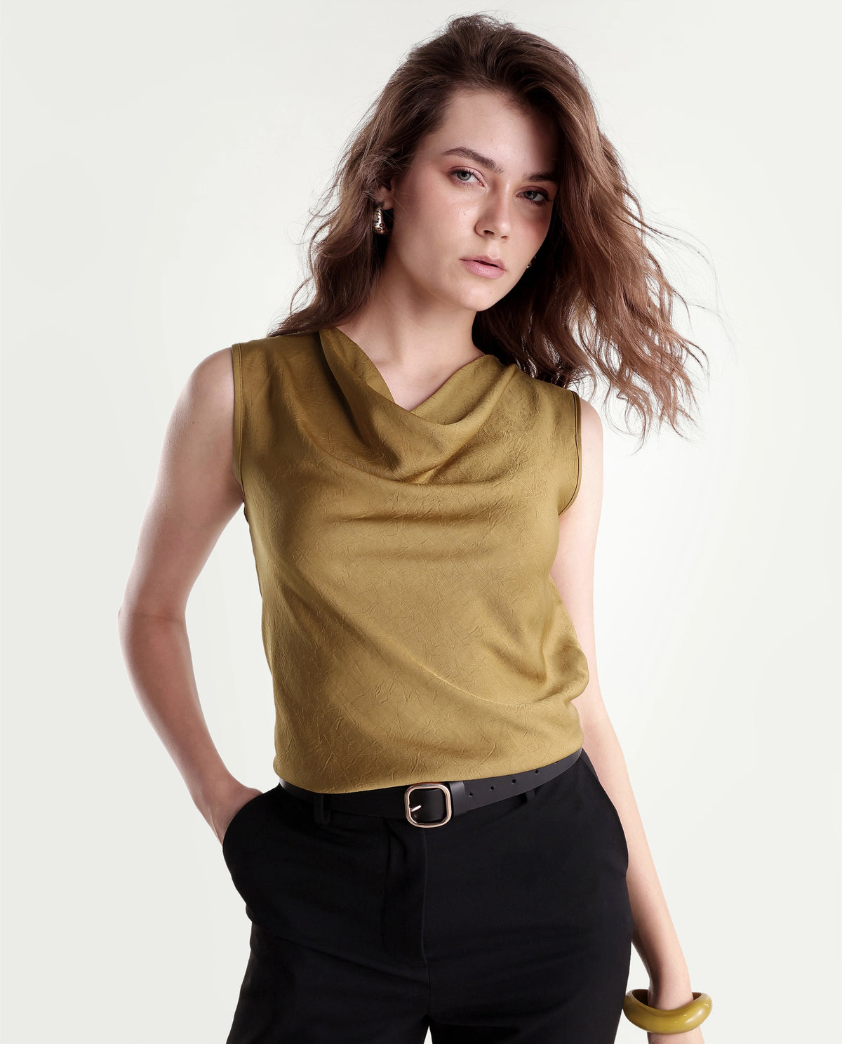 Rareism Women's Xango Gold Polyester Cowl Neck Regular Plain Top