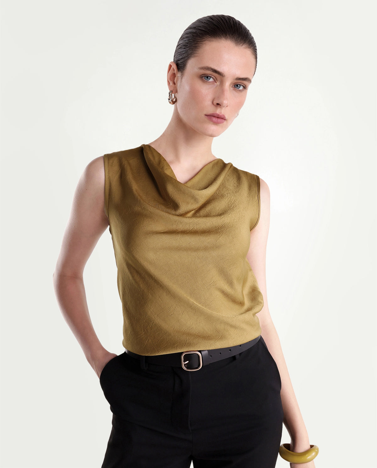 Rareism Women's Xango Gold Polyester Cowl Neck Regular Plain Top