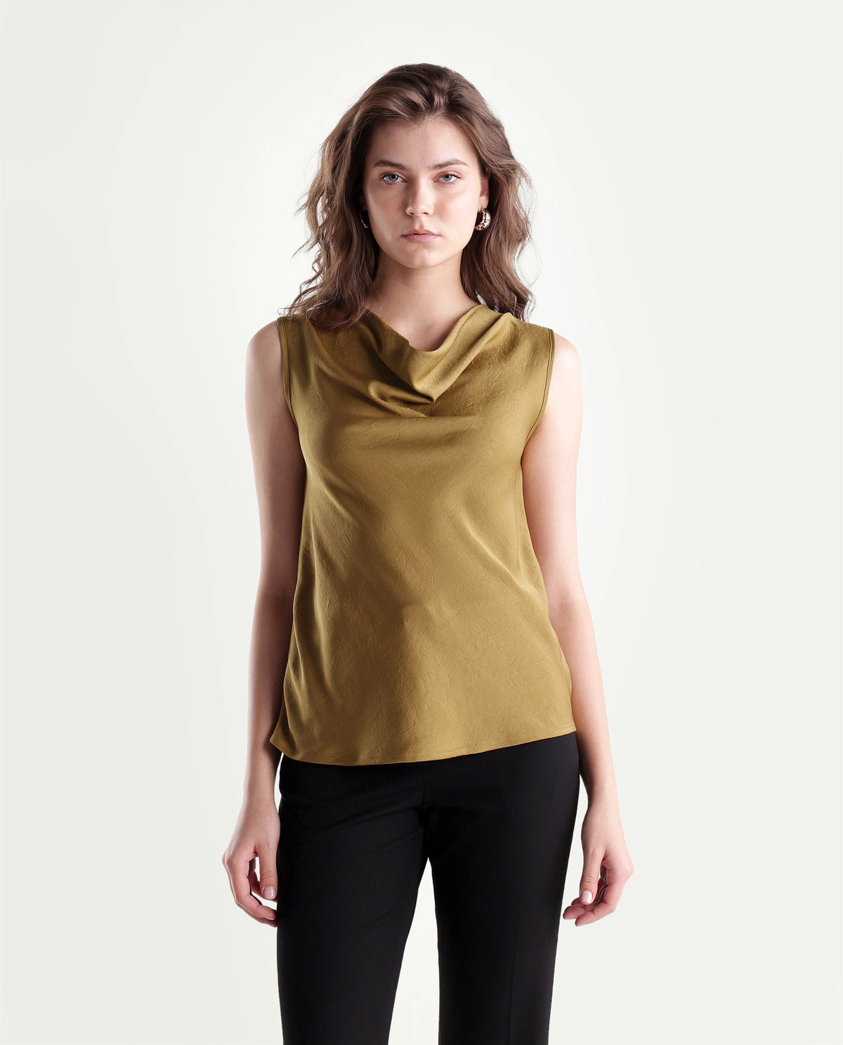 Rareism Women's Xango Gold Polyester Cowl Neck Regular Plain Top