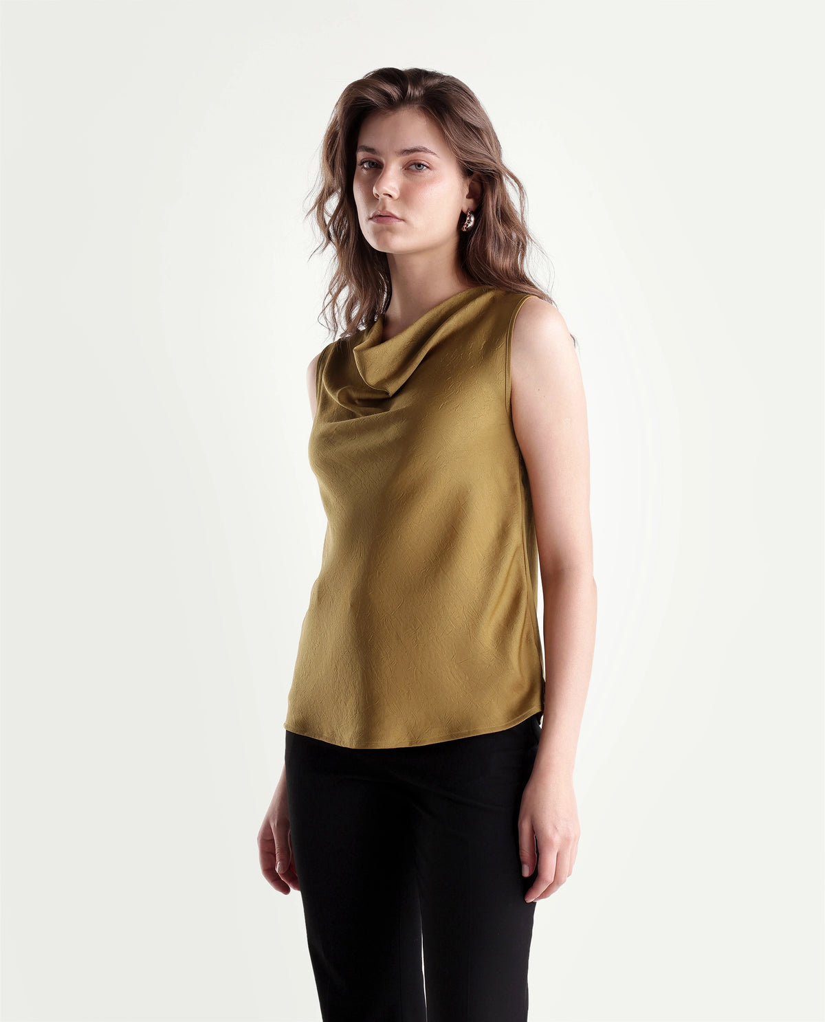 Rareism Women's Xango Gold Polyester Cowl Neck Regular Plain Top