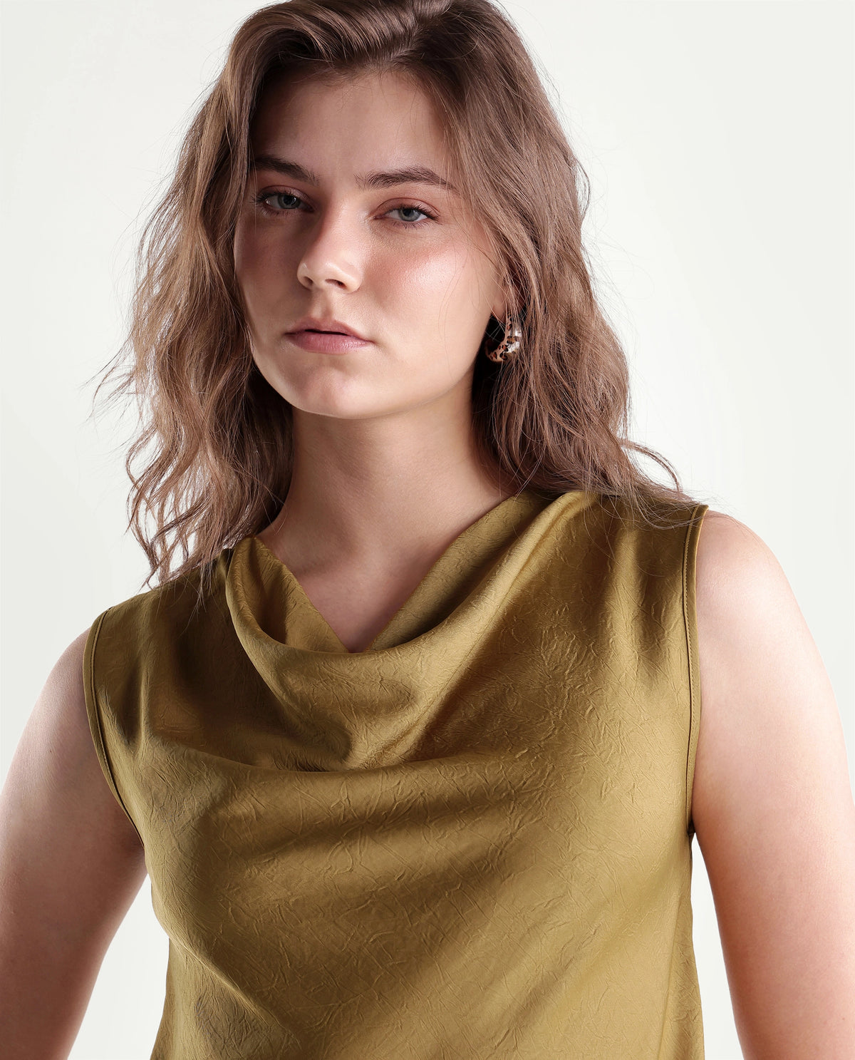 Rareism Women's Xango Gold Polyester Cowl Neck Regular Plain Top