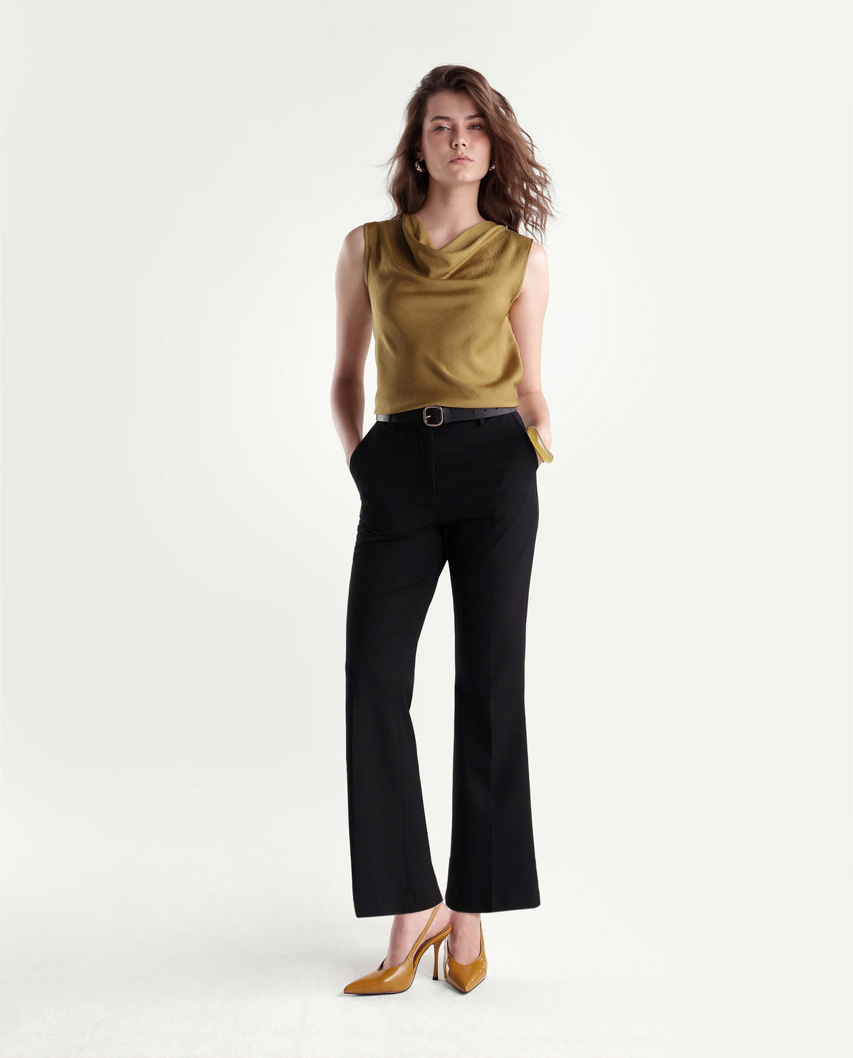 Rareism Women's Xango Gold Polyester Cowl Neck Regular Plain Top