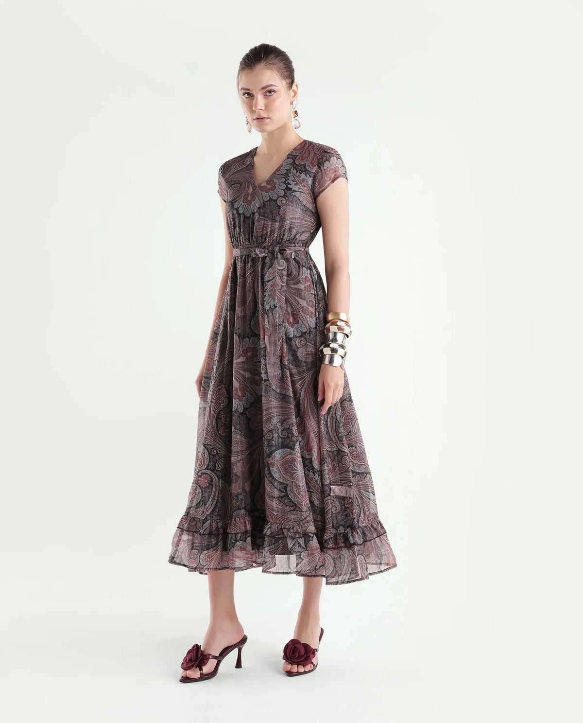 Rareism Women's Xaviera Multi Polyester Blend V-Neck Fit And Flare Paisley Dress