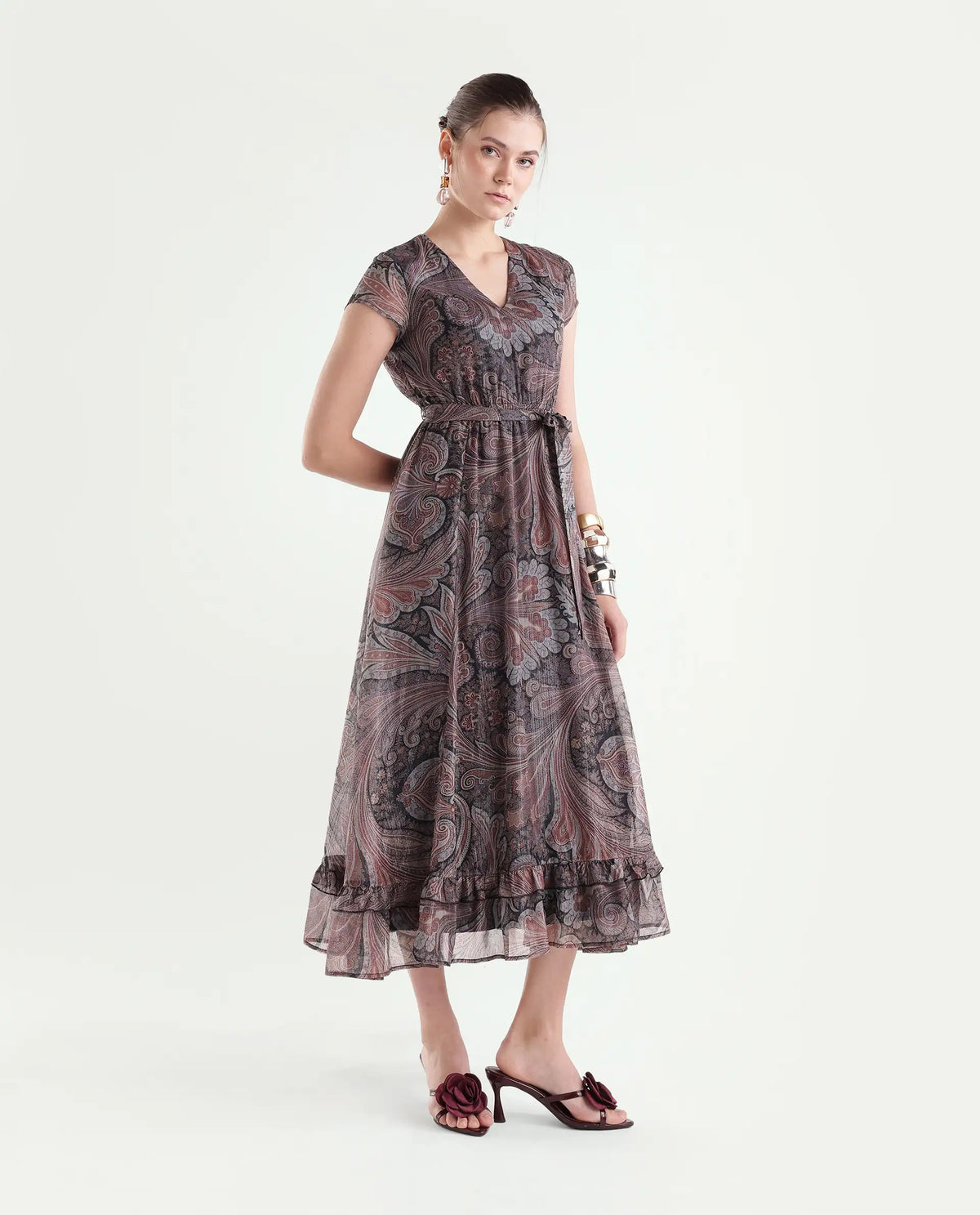 Rareism Women's Xaviera Multi Polyester Blend V-Neck Fit And Flare Paisley Dress