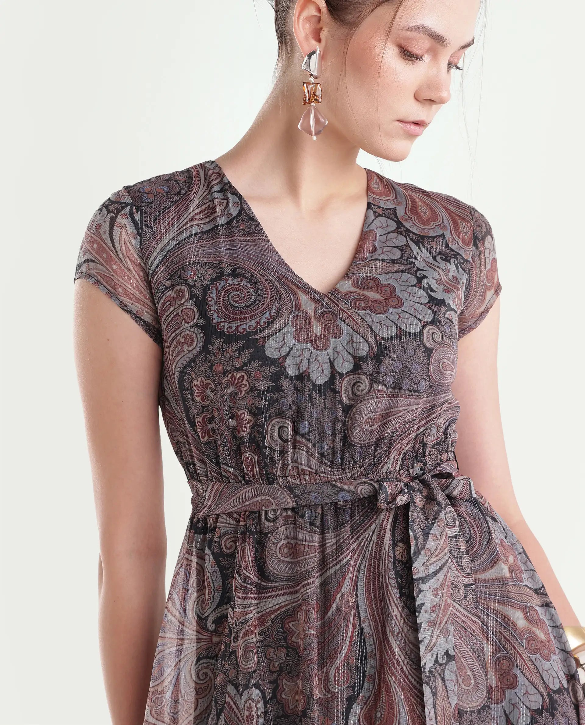 Rareism Women's Xaviera Multi Polyester Blend V-Neck Fit And Flare Paisley Dress