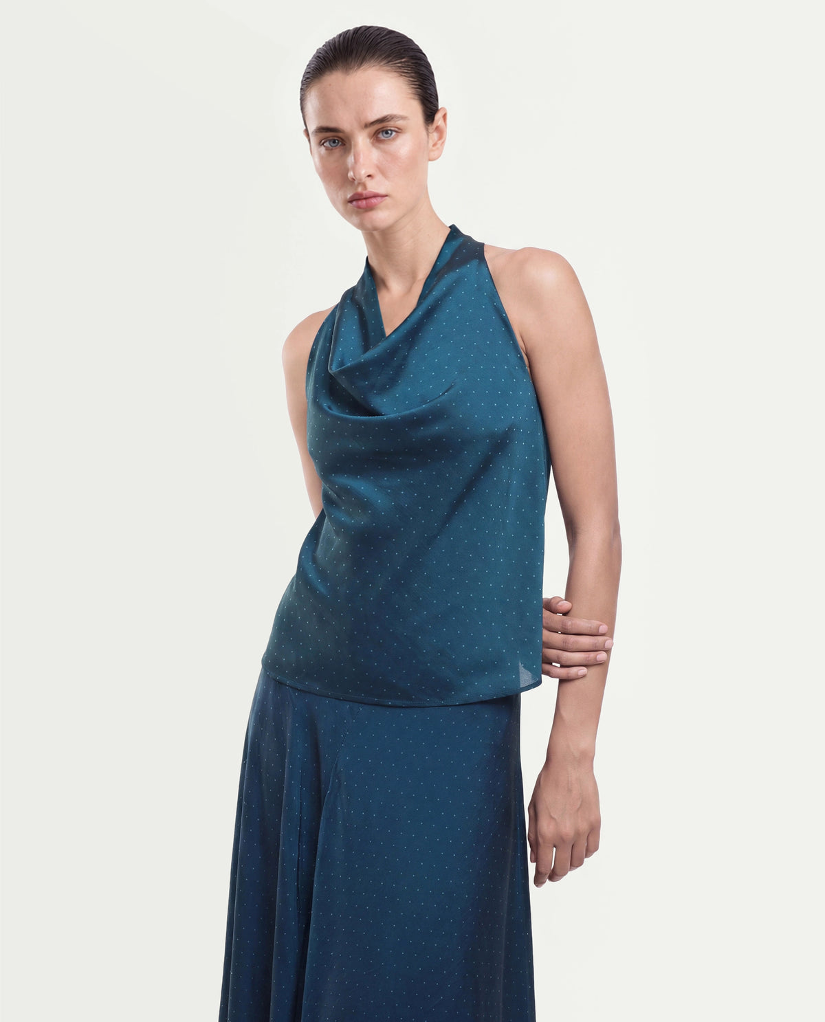 Rareism Women's Xivinij-T Teal Viscose Blend Halter Neck Regular Plain Top