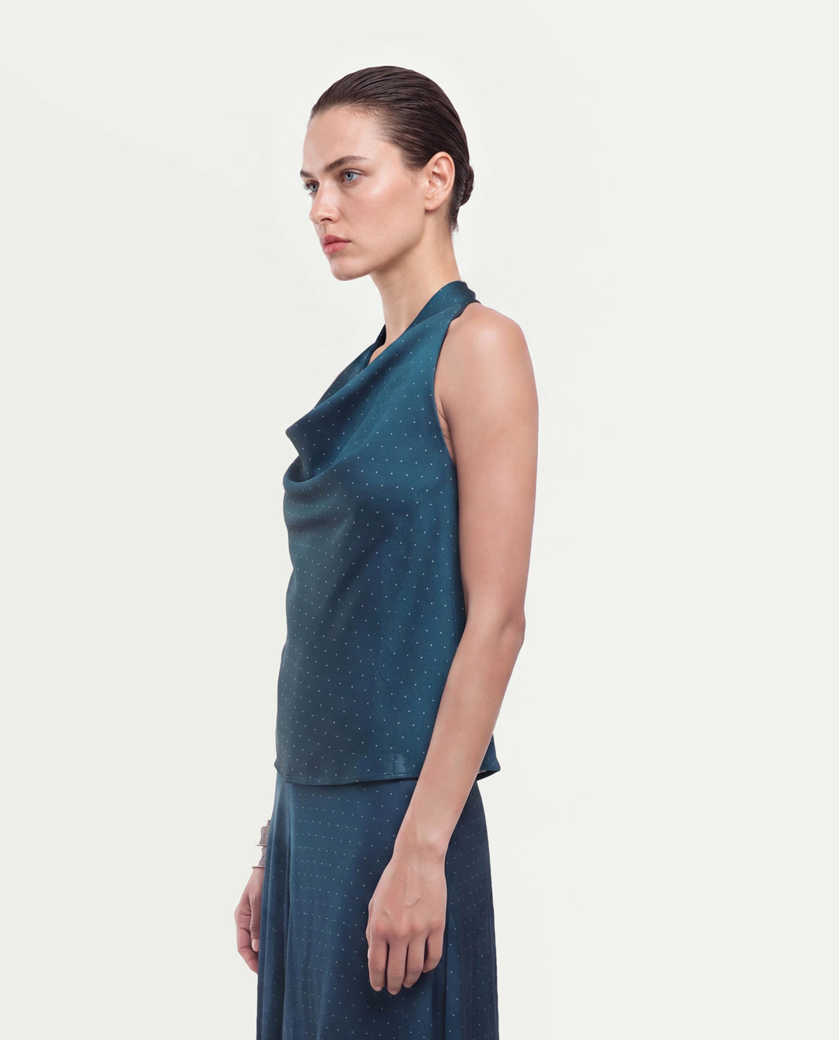 Rareism Women's Xivinij-T Teal Viscose Blend Halter Neck Regular Plain Top