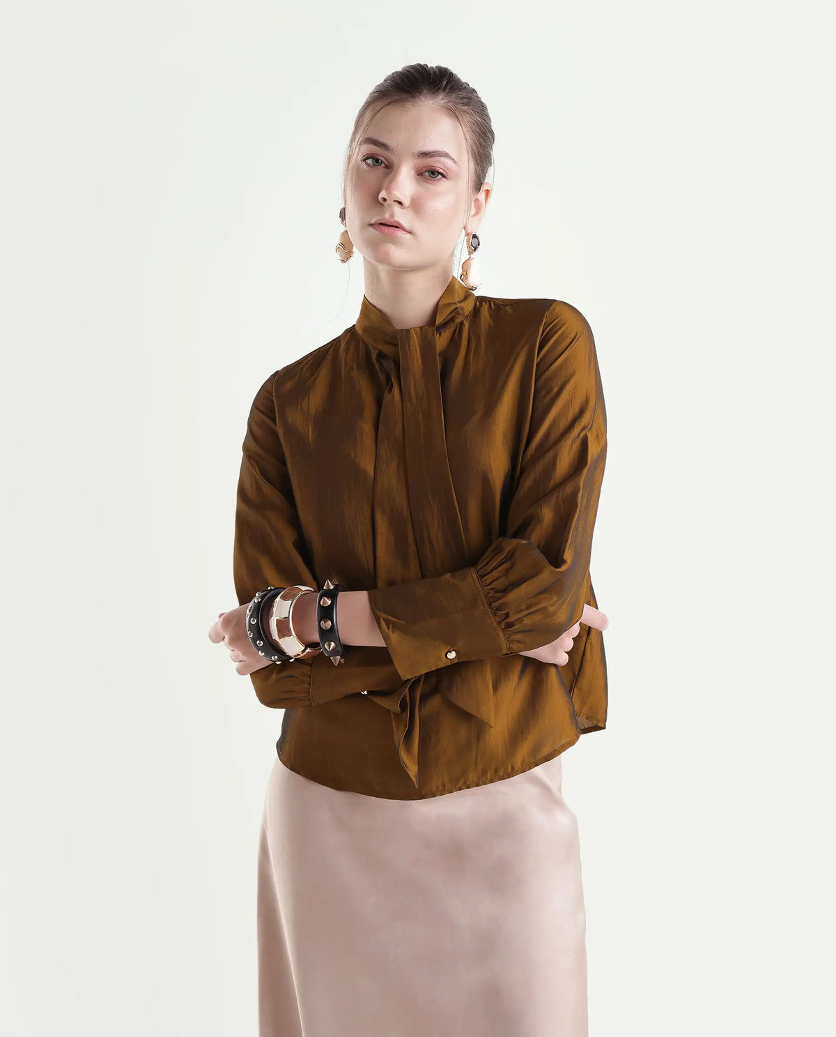 Rareism Women's Xyla Gold Viscose Blend Tie-Up Regular Plain Top