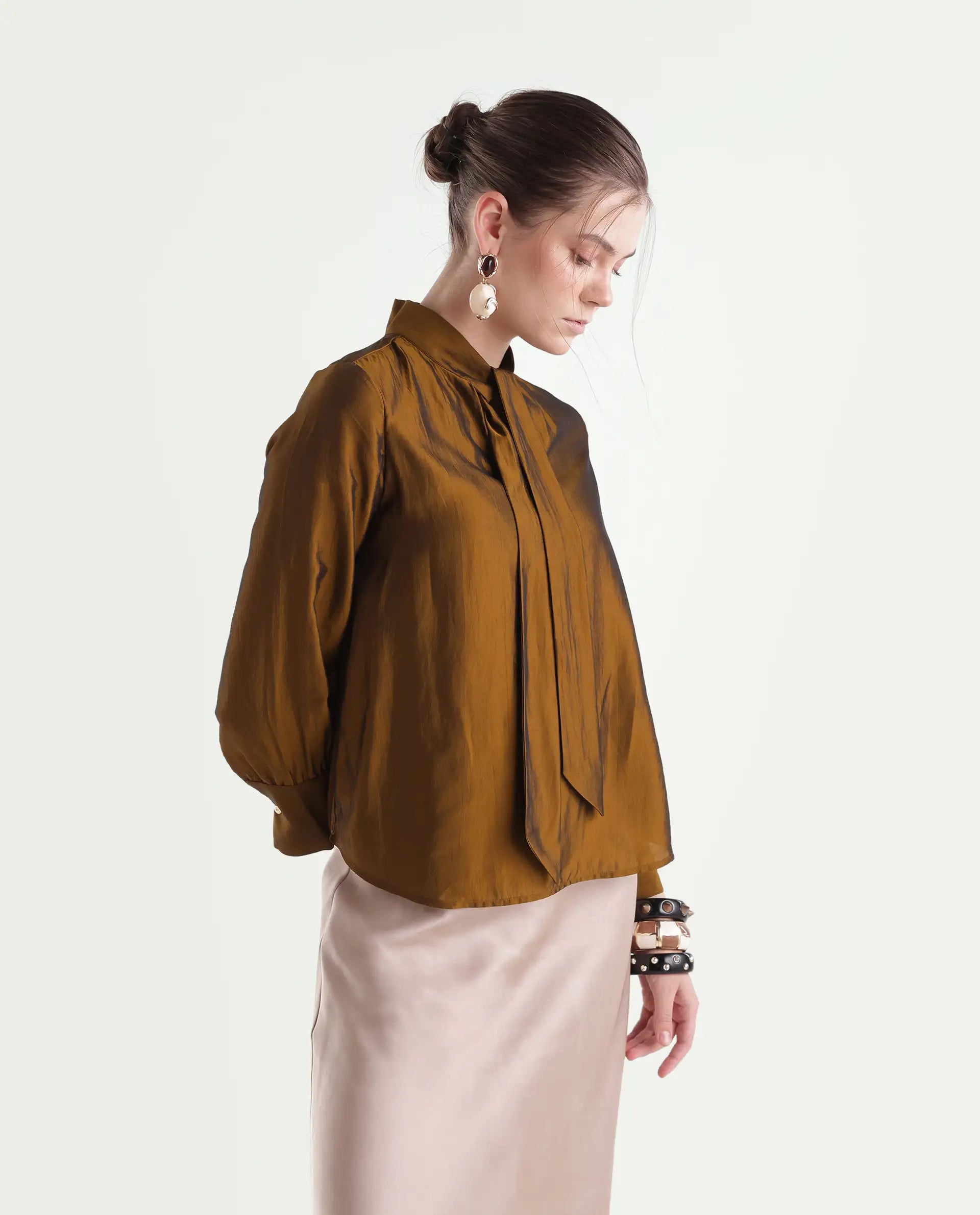 Rareism Women's Xyla Gold Viscose Blend Tie-Up Regular Plain Top