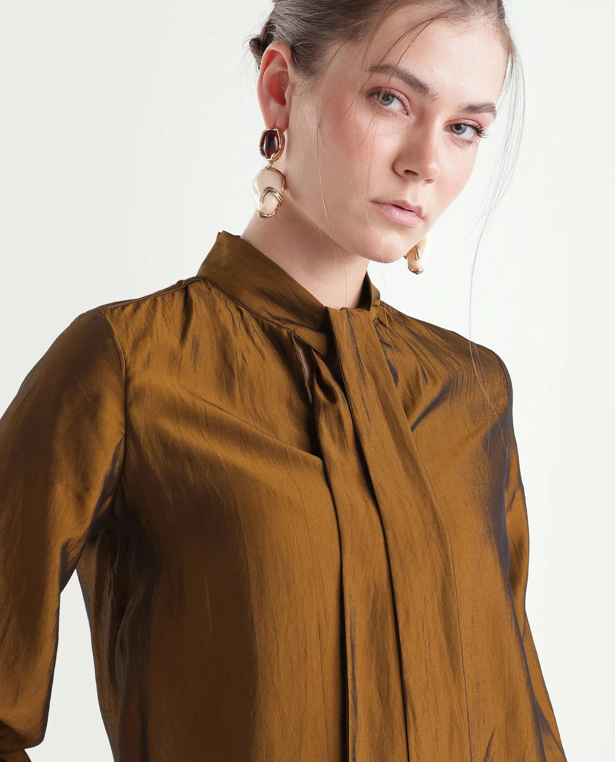 Rareism Women's Xyla Gold Viscose Blend Tie-Up Regular Plain Top