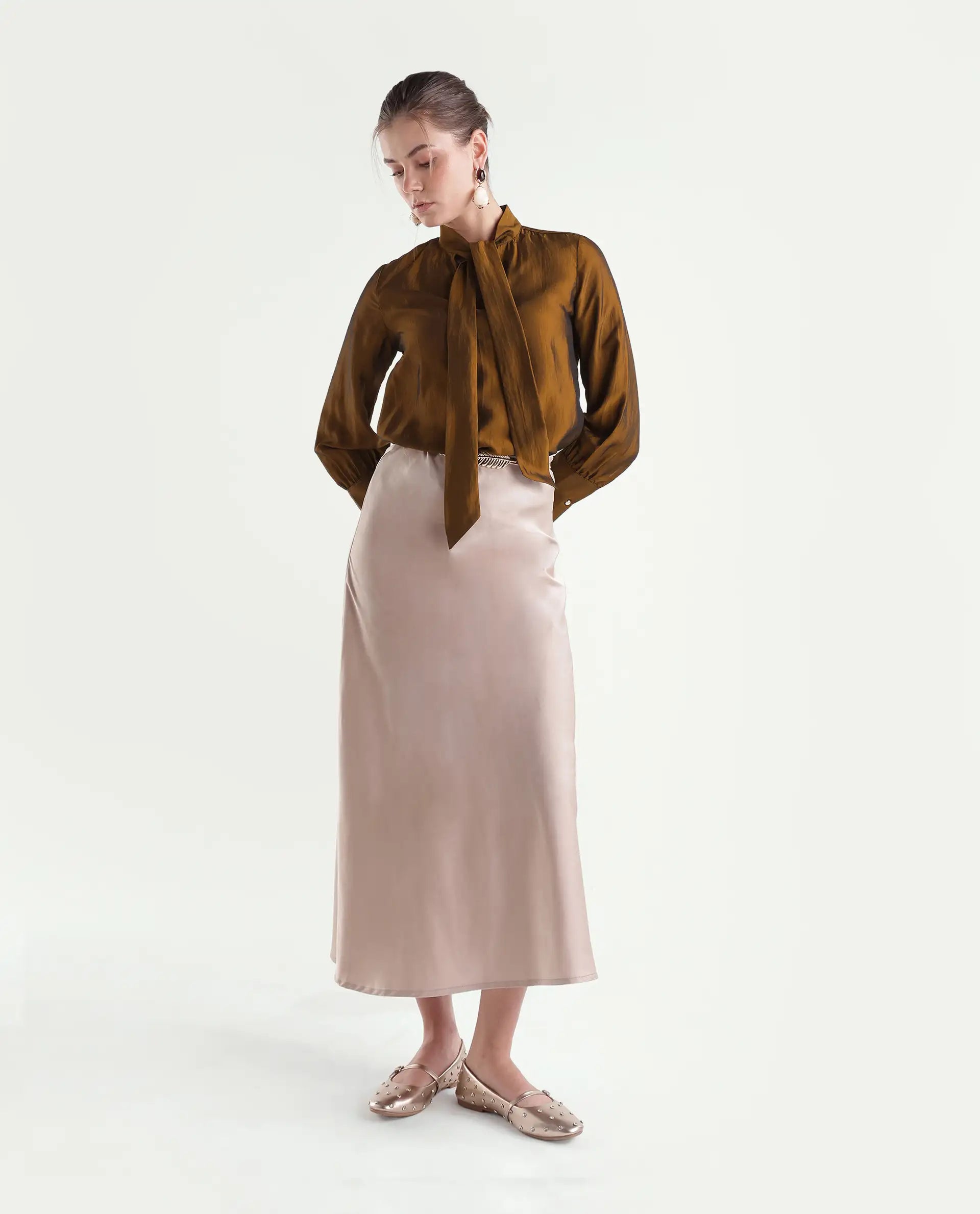 Rareism Women's Xyla Gold Viscose Blend Tie-Up Regular Plain Top