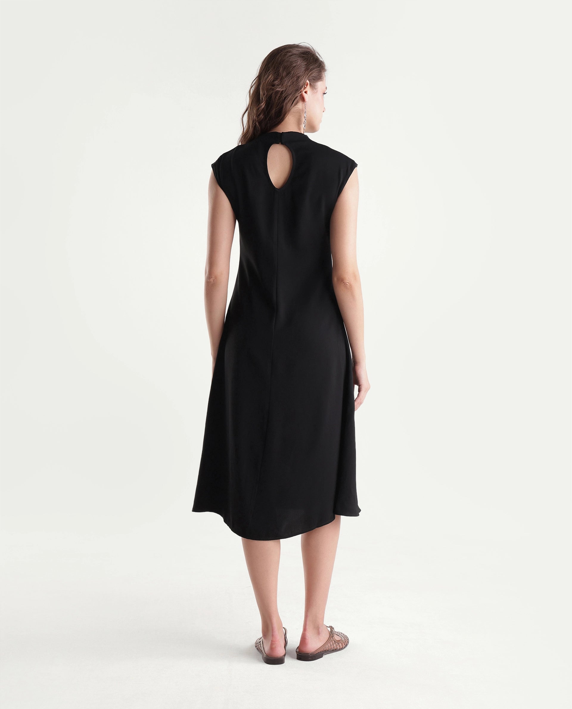 Rareism Women's Xaria Black Polyester High Neck Sheath Floral Print Dress