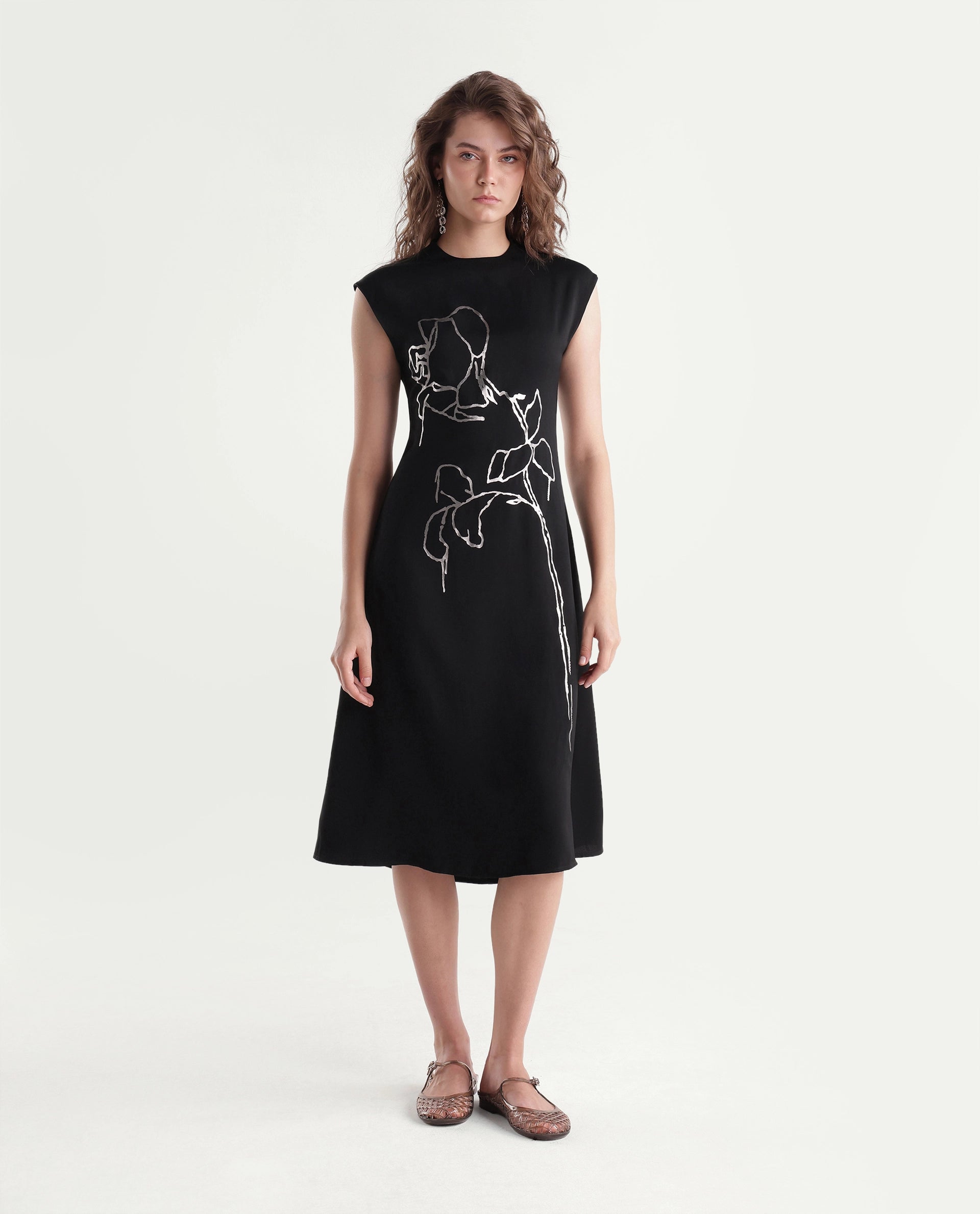 Rareism Women's Xaria Black Polyester High Neck Sheath Floral Print Dress