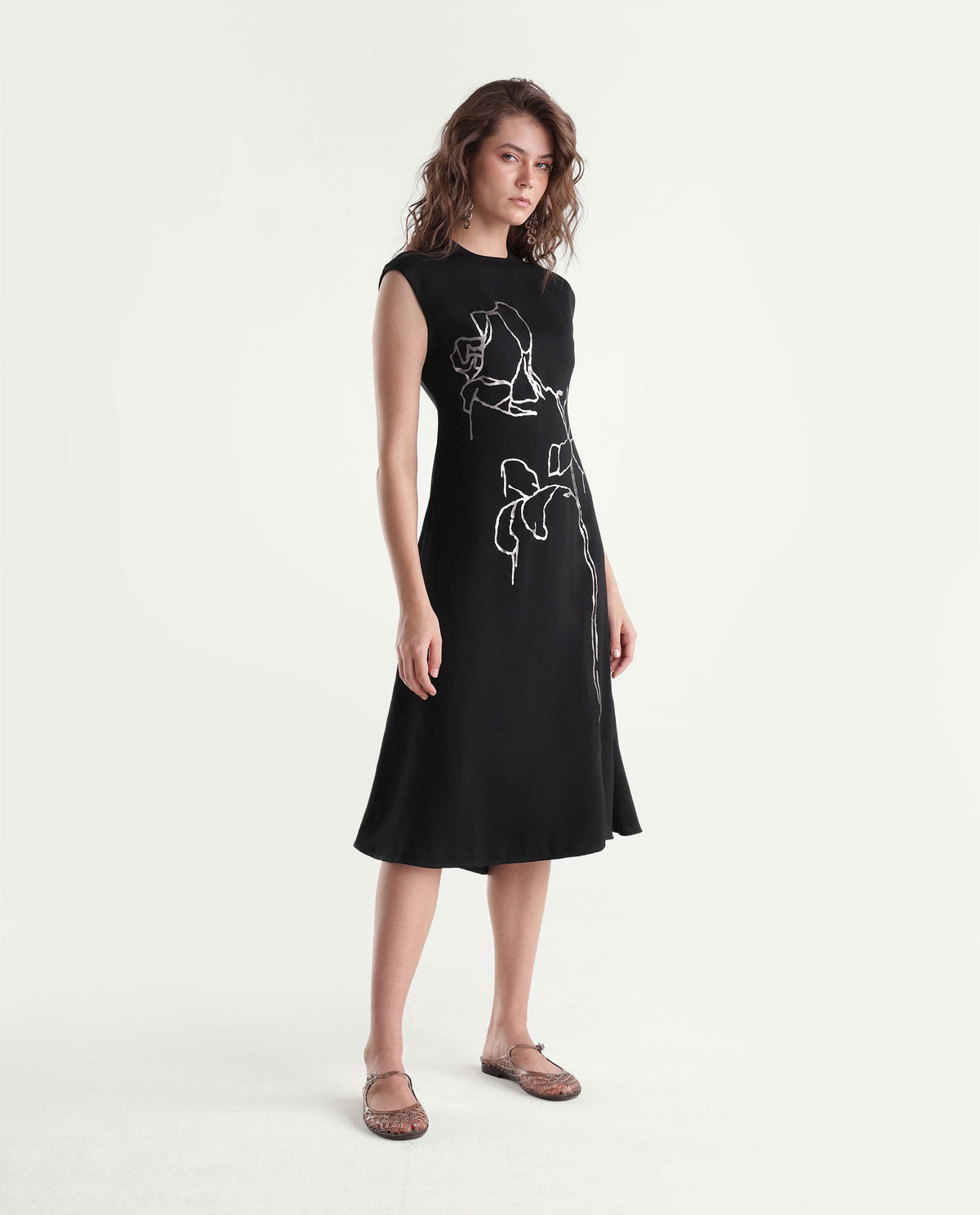 Rareism Women's Xaria Black Polyester High Neck Sheath Floral Print Dress