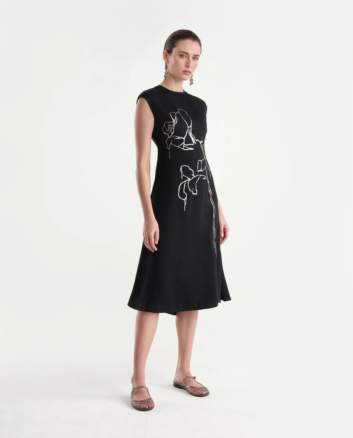 Rareism Women's Xaria Black Polyester High Neck Sheath Floral Print Dress