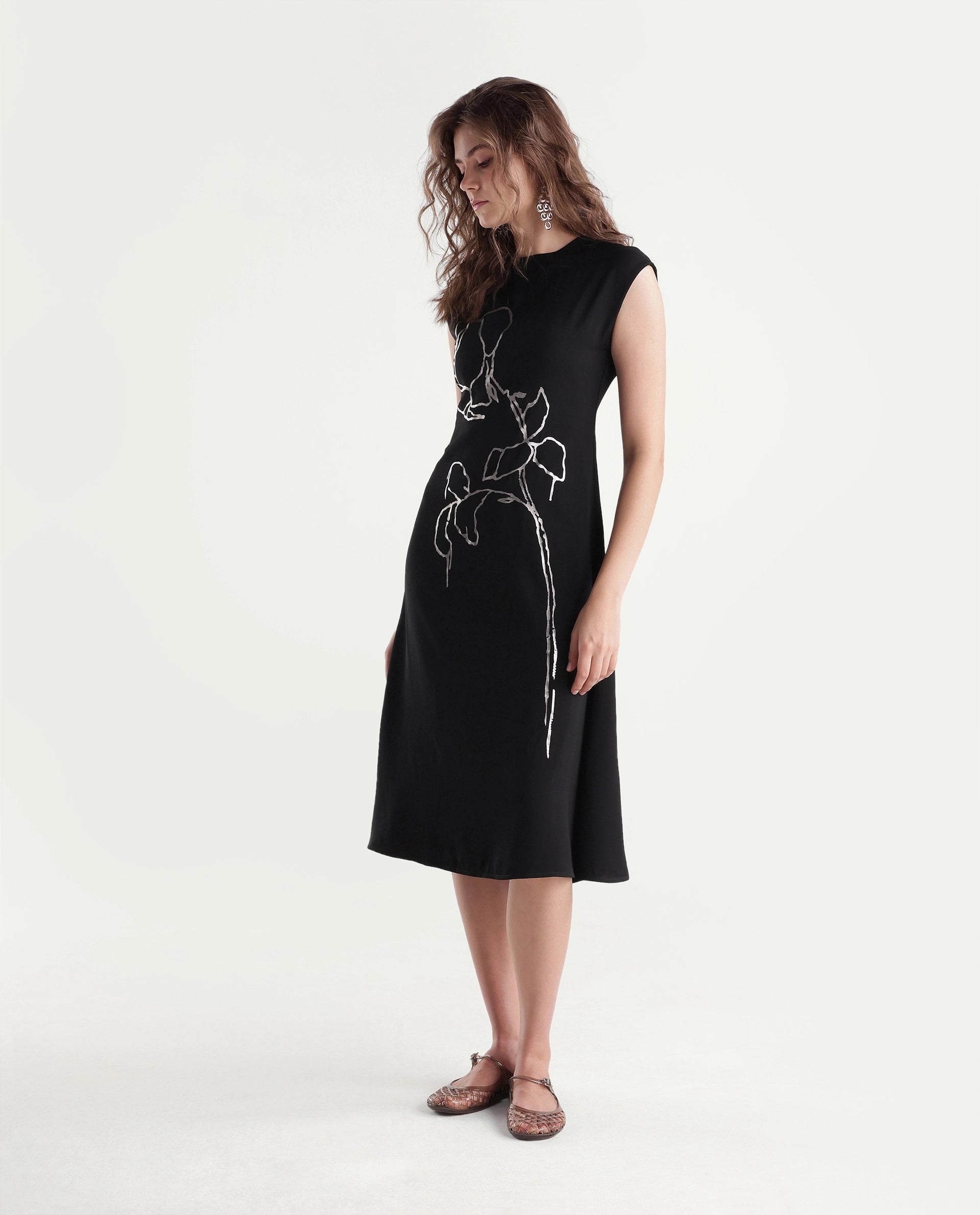Rareism Women's Xaria Black Polyester High Neck Sheath Floral Print Dress