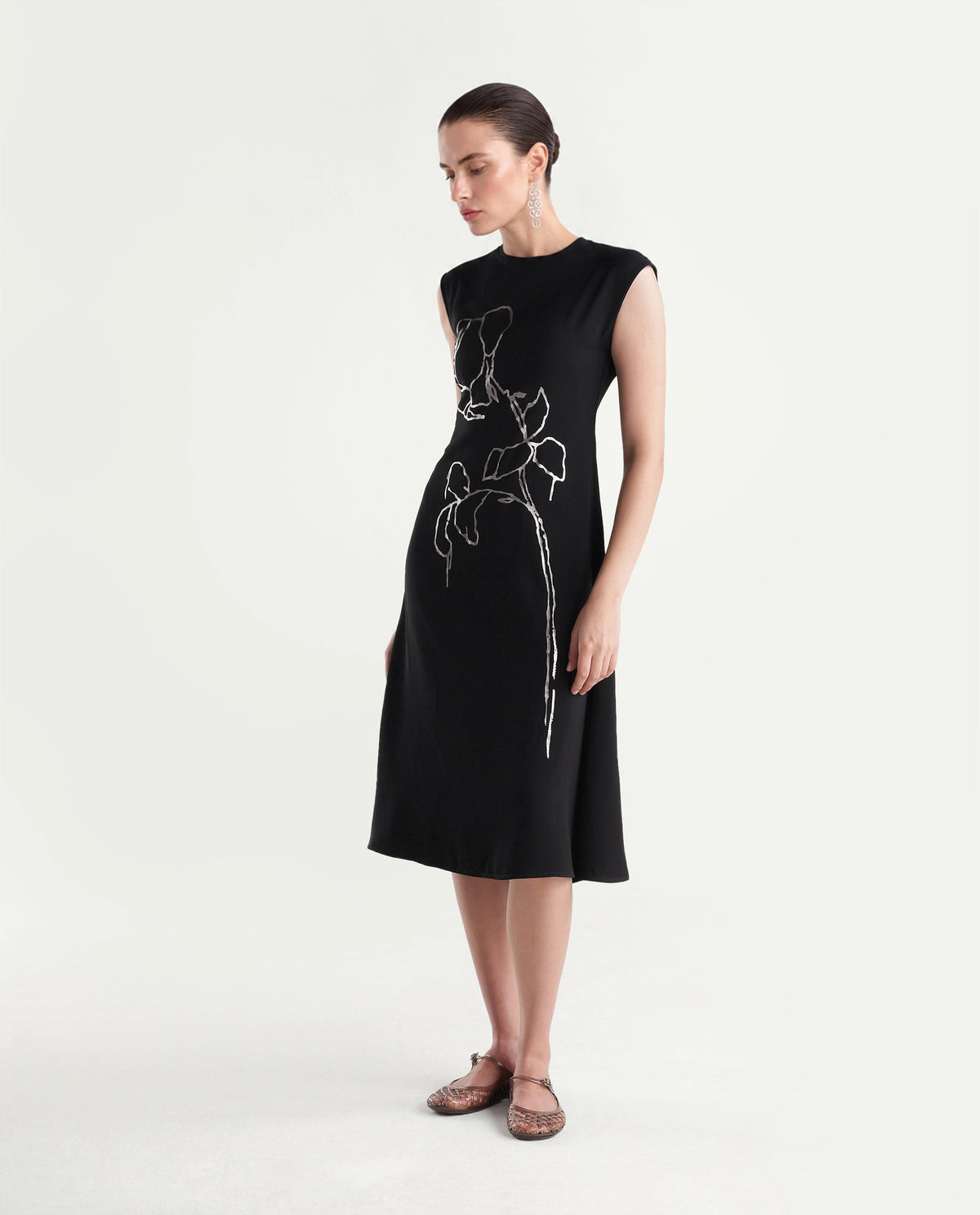 Rareism Women's Xaria Black Polyester High Neck Sheath Floral Print Dress