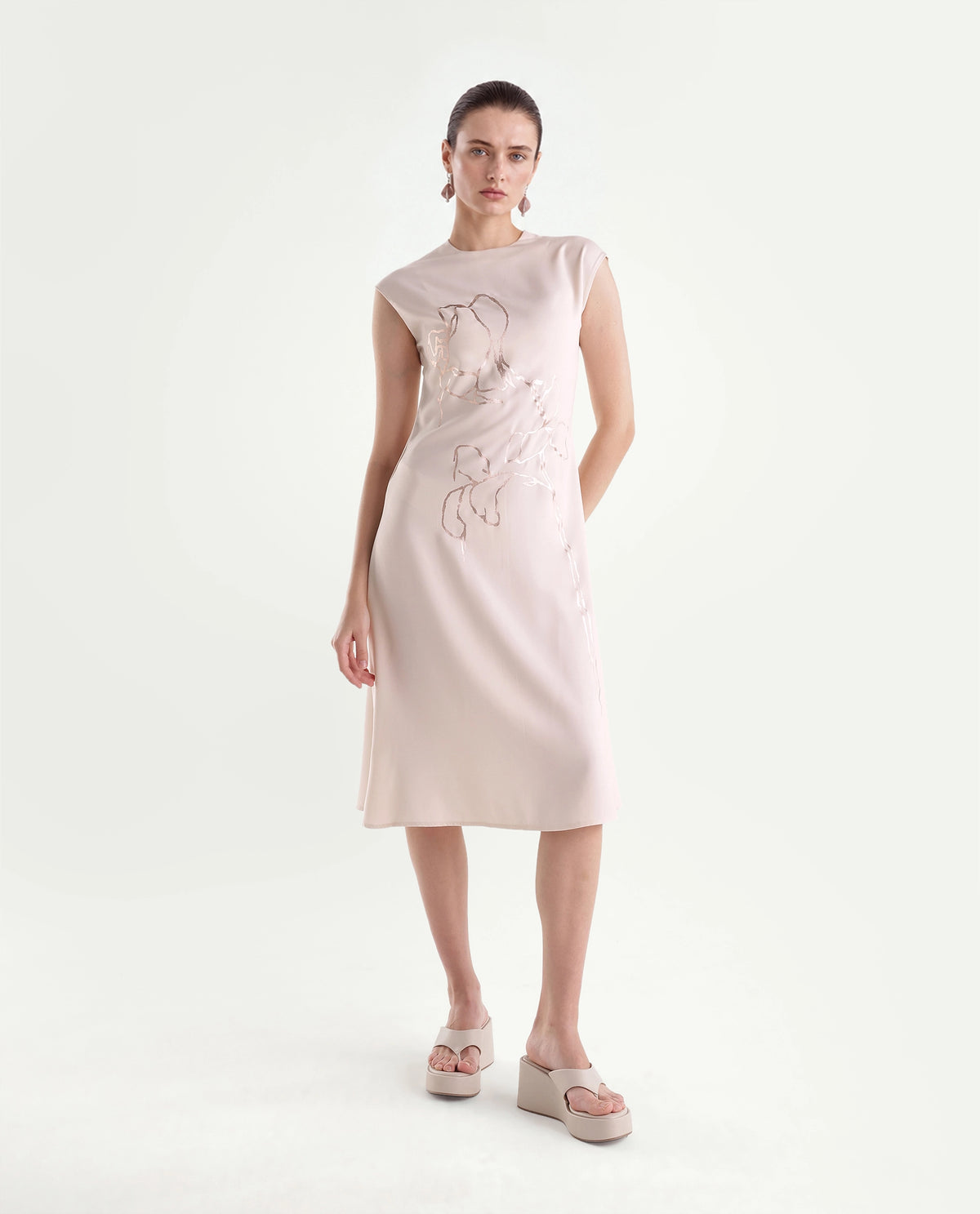 Rareism Women's Xaria Off White Polyester High Neck Sheath Floral Print Dress