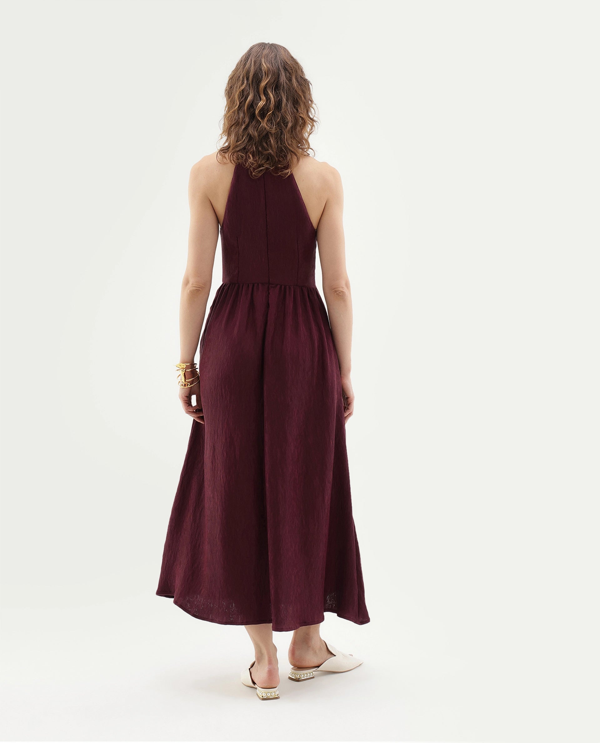 Rareism Women's Xabot Maroon Viscose Blend Halter Neck Sheath Plain Dress