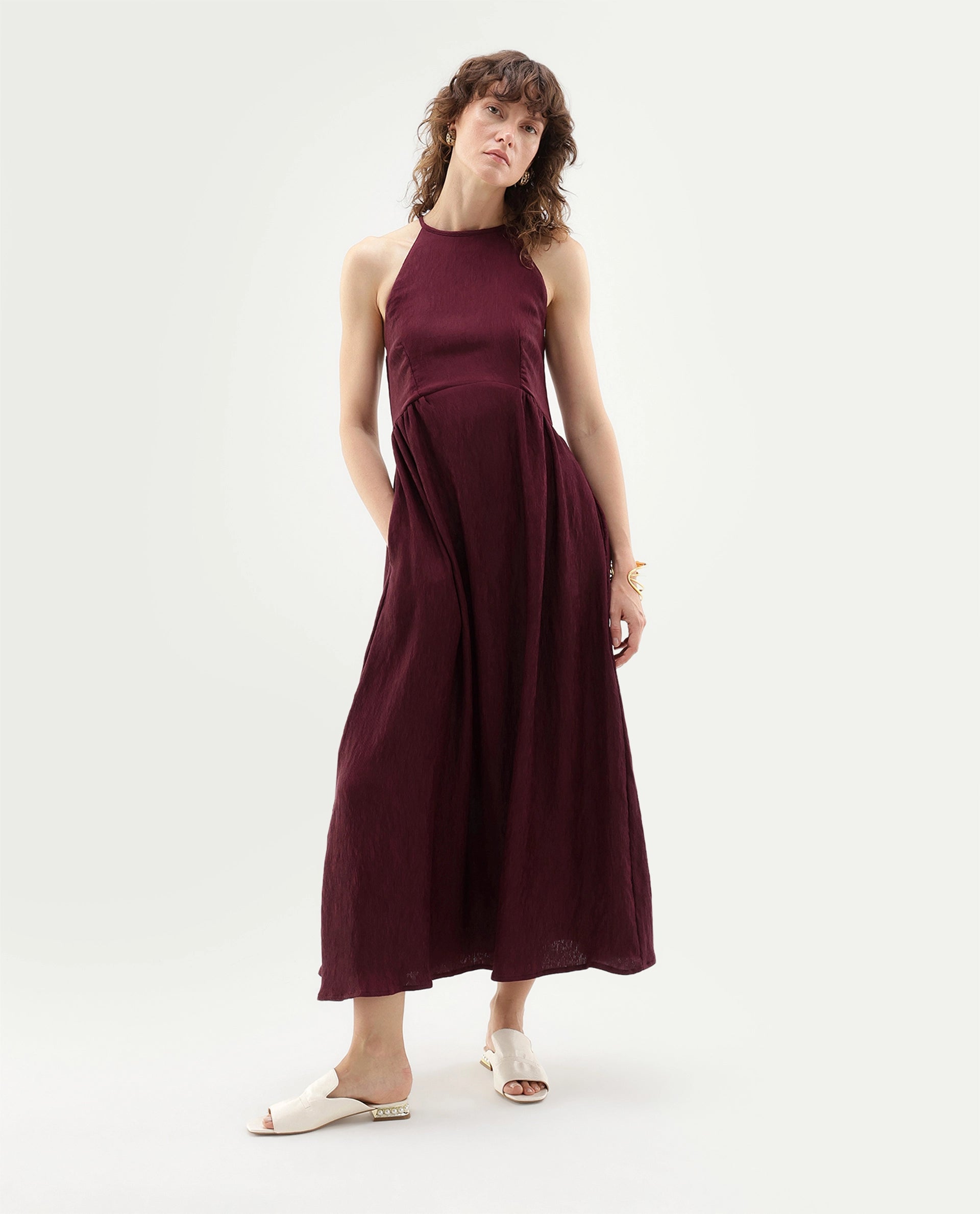 Rareism Women's Xabot Maroon Viscose Blend Halter Neck Sheath Plain Dress