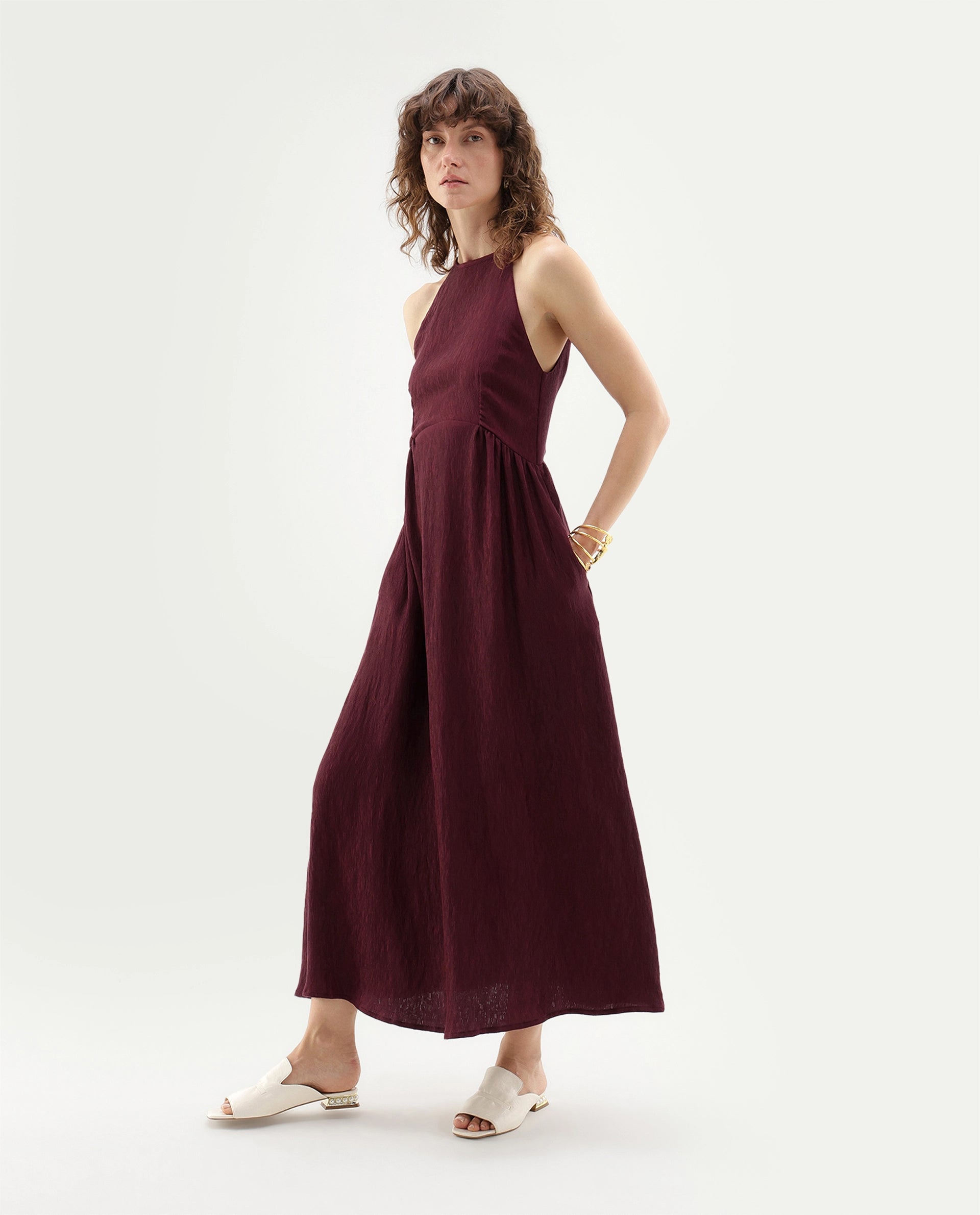 Rareism Women's Xabot Maroon Viscose Blend Halter Neck Sheath Plain Dress